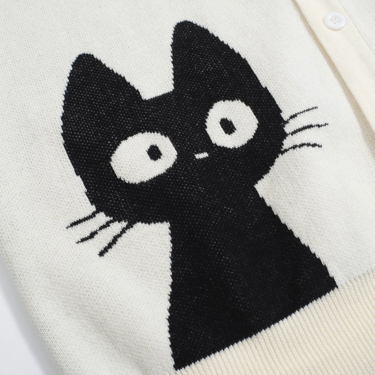 Men’s Retro Knit Shirt – Vintage Cream Button-Up with Black Cat Graphic - Image 2