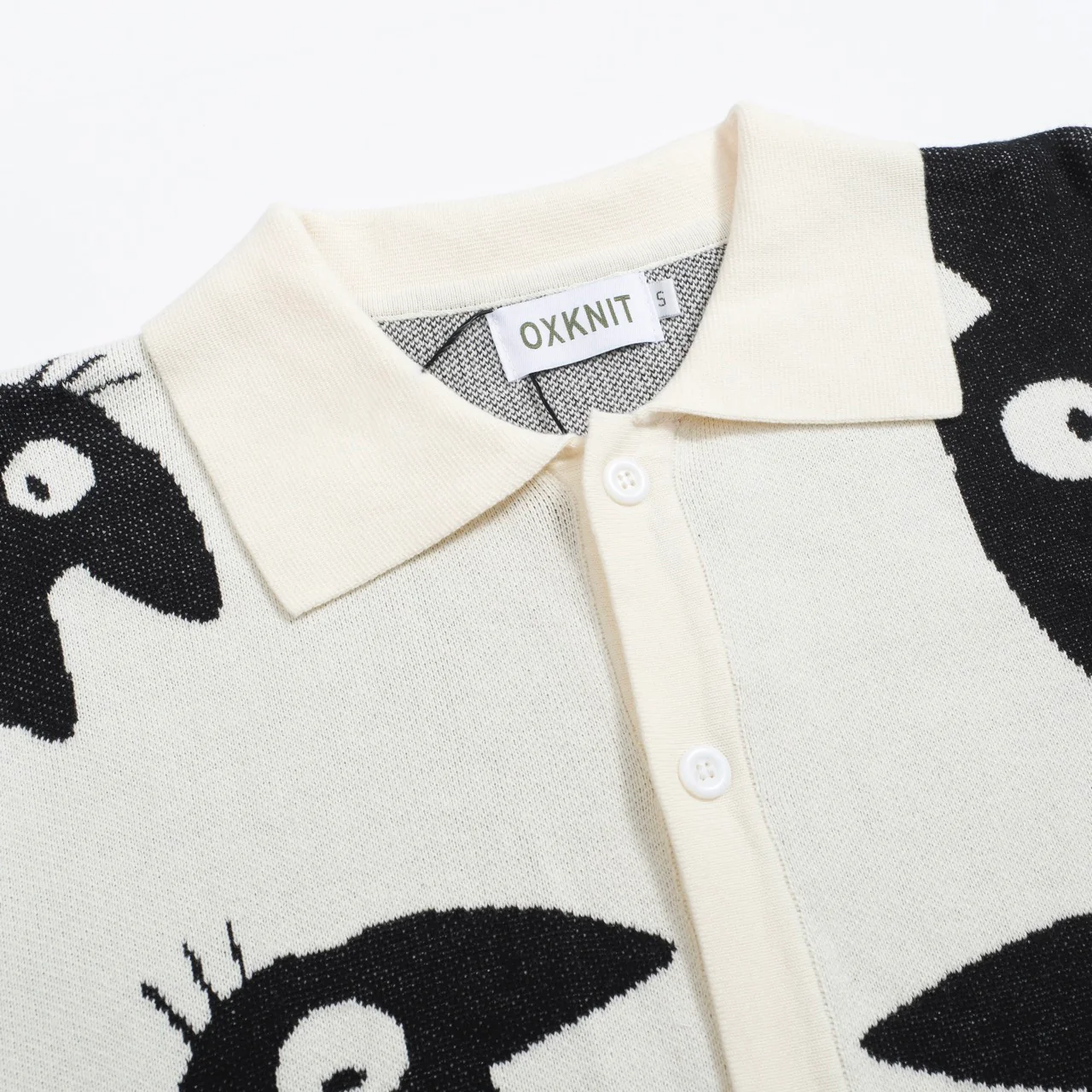 Men’s Retro Knit Shirt – Vintage Cream Button-Up with Black Cat Graphic - Image 4