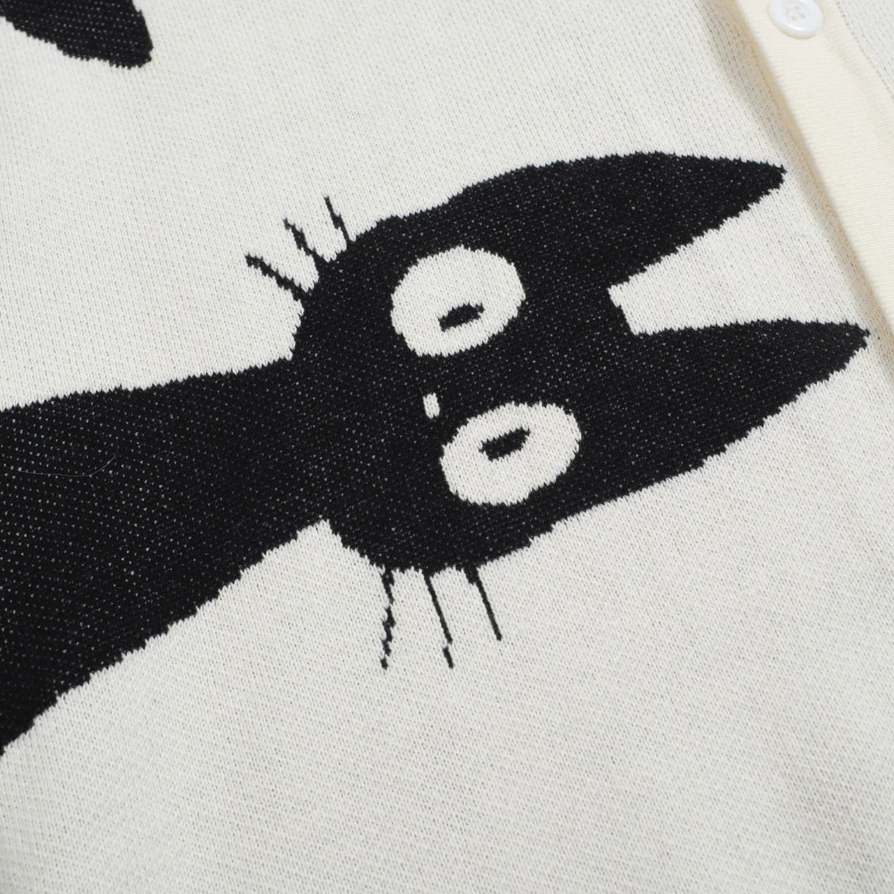 Men’s Retro Knit Shirt – Vintage Cream Button-Up with Black Cat Graphic - Image 6