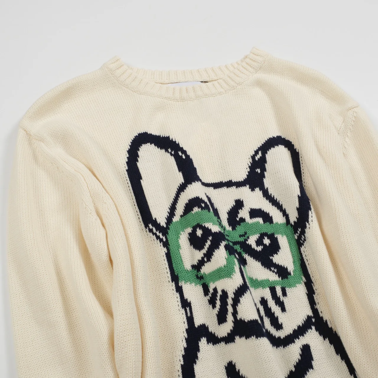 Men’s Retro Knit Sweater – Vintage Cream Pullover with French Bulldog & Glasses Graphic - Image 8