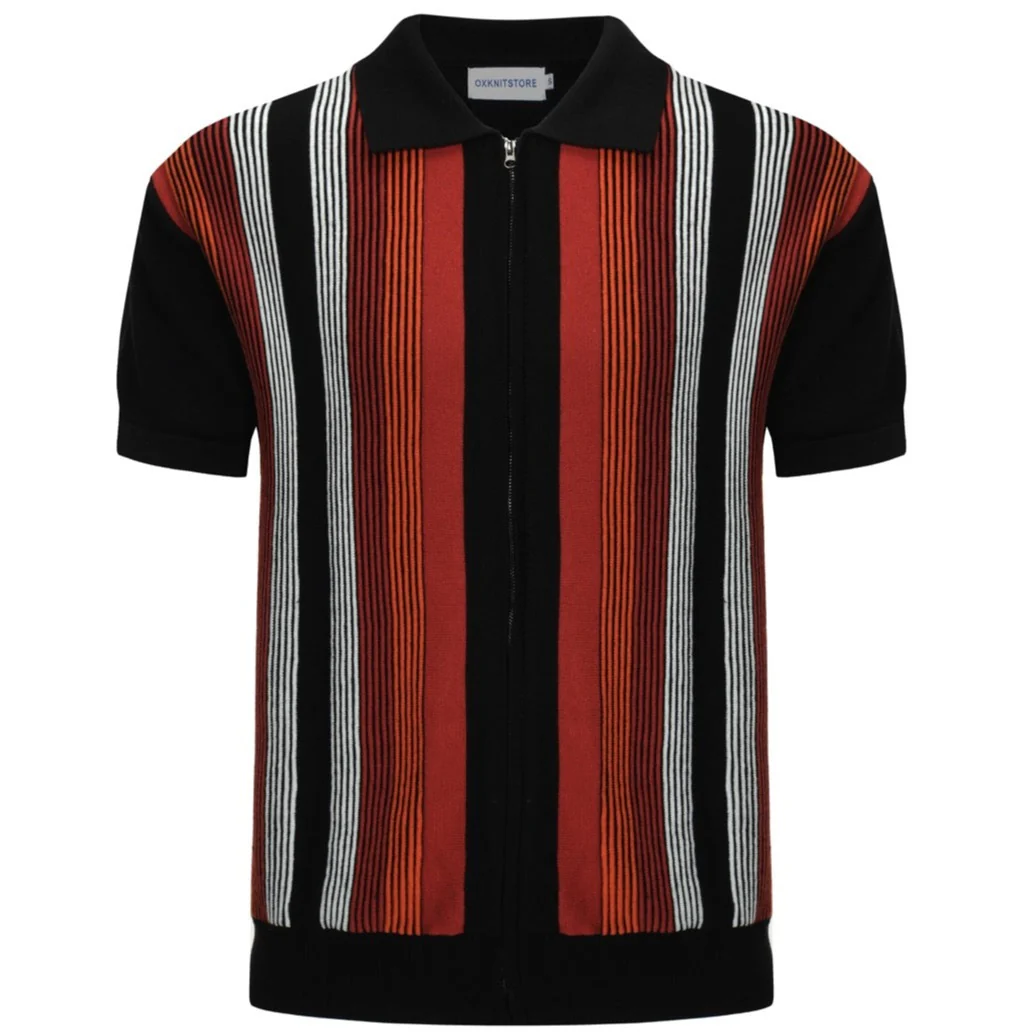 Men's Retro Stripe Knit Zip Polo – 60s Mod Style in Dark Red and Black