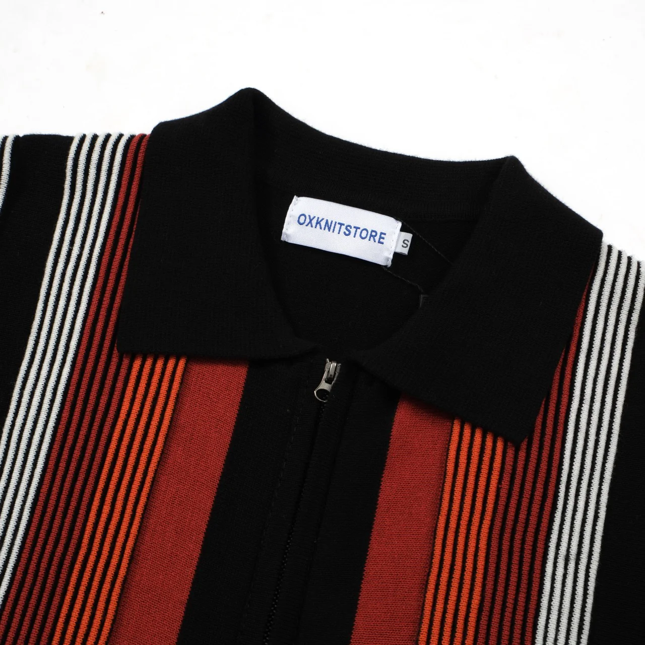 Men's Retro Stripe Knit Zip Polo – 60s Mod Style in Dark Red and Black - Image 4