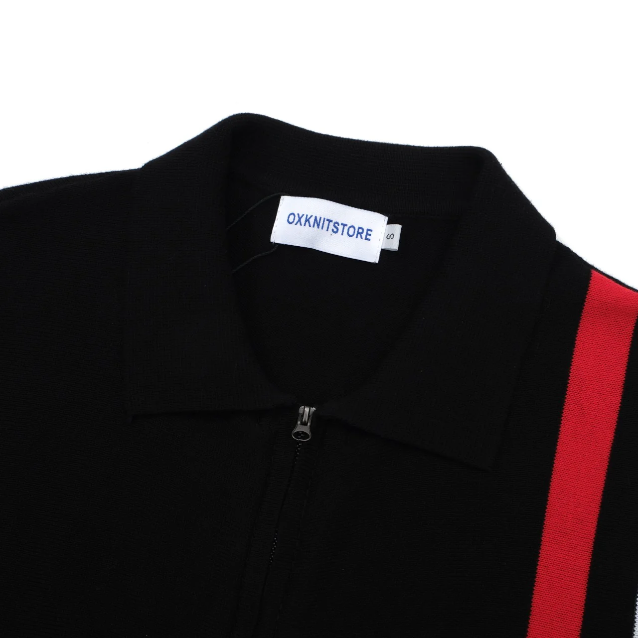 Men’s Retro 1970s Zip-Up Knit Jacket – Vintage Black with Red & White Vertical Stripes - Image 3
