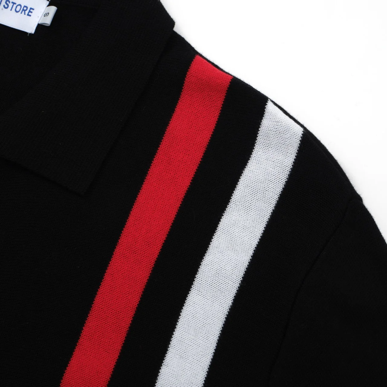 Men’s Retro 1970s Zip-Up Knit Jacket – Vintage Black with Red & White Vertical Stripes - Image 4