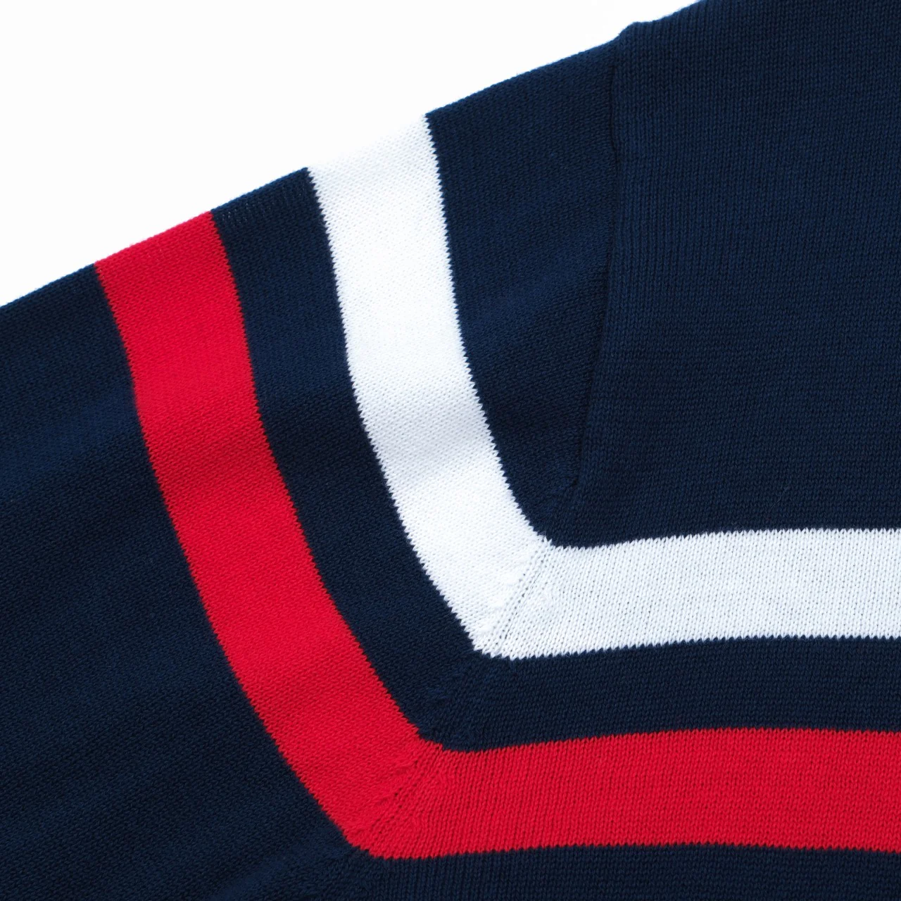 Men’s Retro 1970s Zip-Up Knit Jacket – Vintage Navy with Red & White Stripes - Image 4