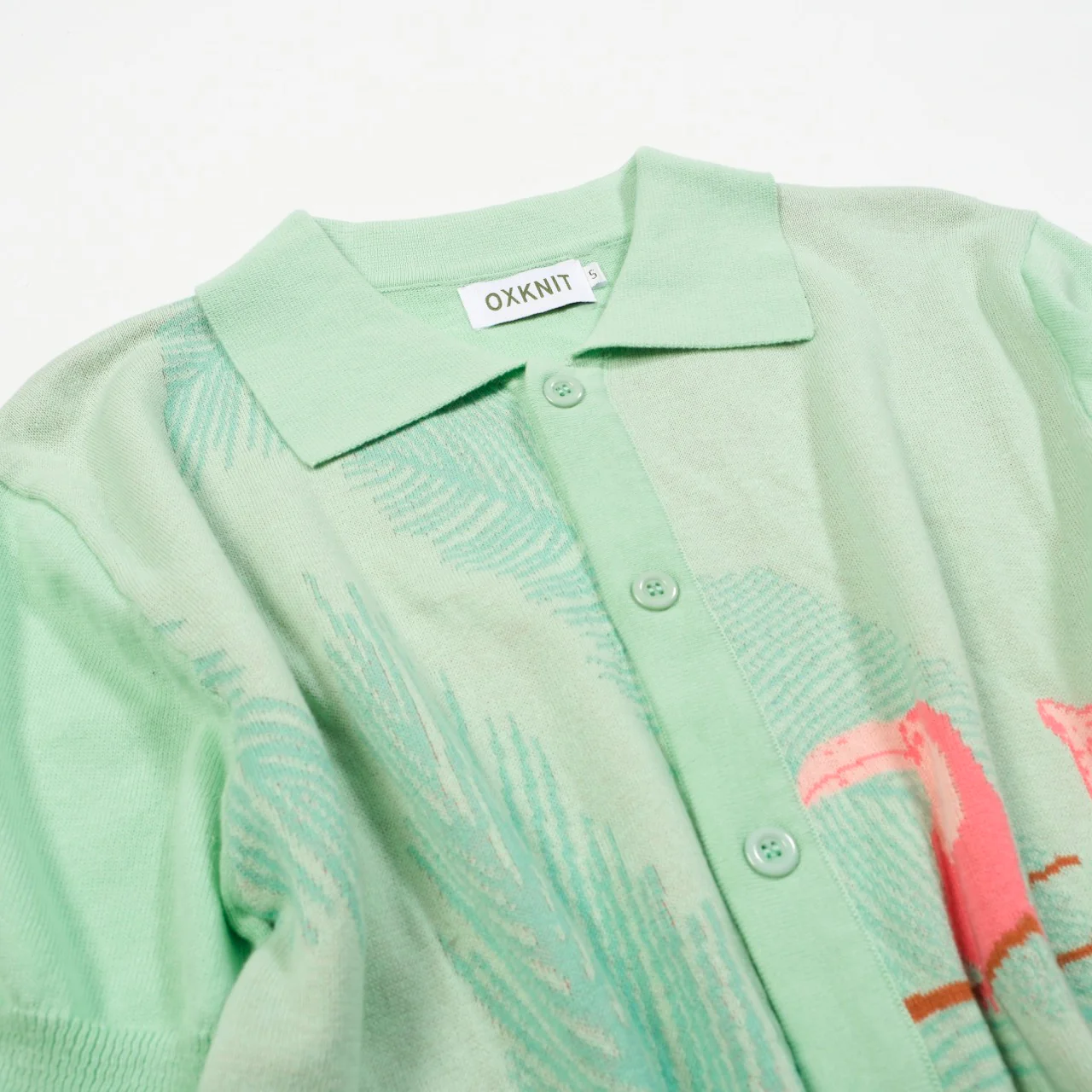 Men's Tropical Jungle Knit Shirt – Mint Green Button-Up with Toucan and Leopard - Image 9