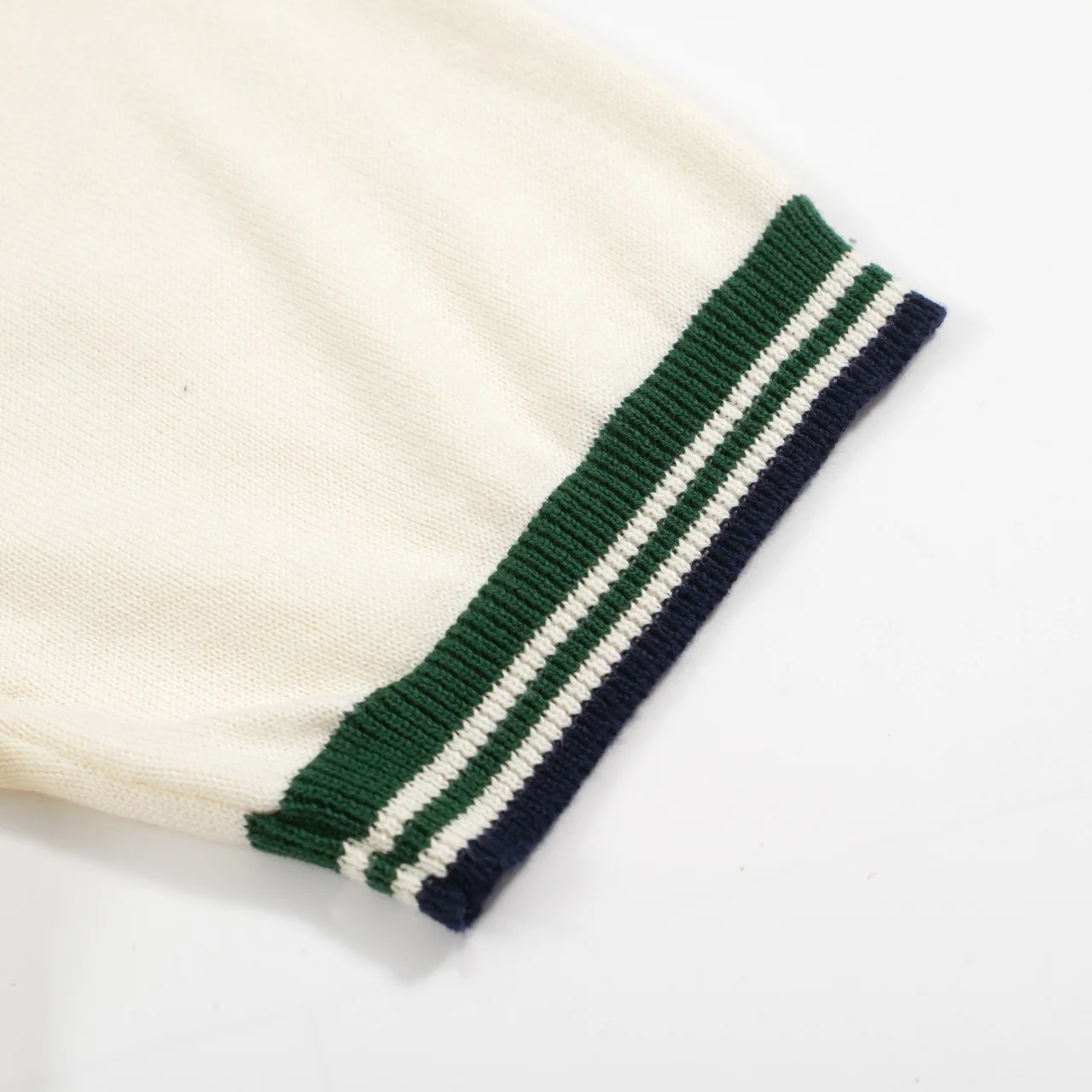 Men’s Vintage 1970s Knit Polo Shirt – Retro Cream with Green Striped Collar and Trim - Image 5