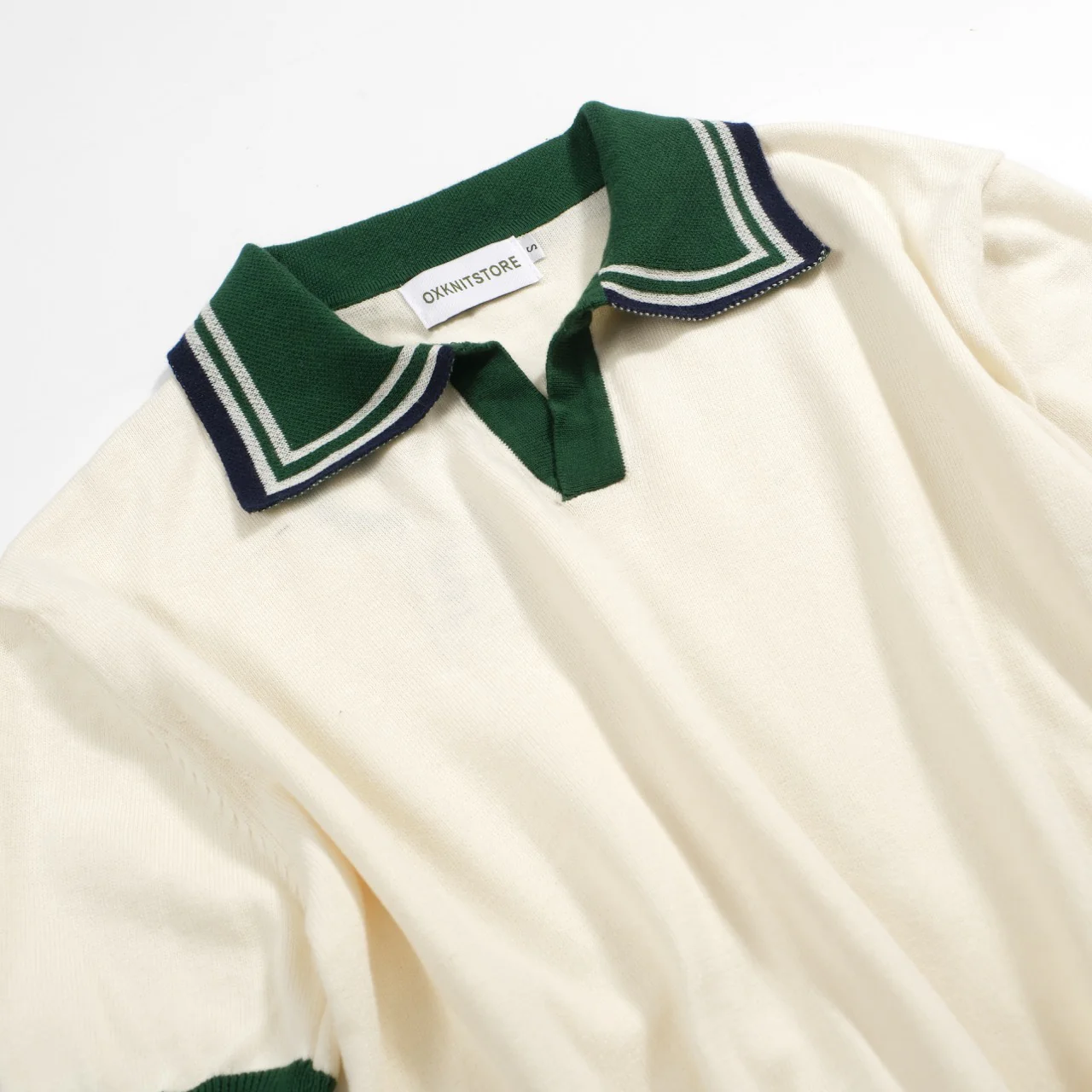 Men’s Vintage 1970s Knit Polo Shirt – Retro Cream with Green Striped Collar and Trim - Image 9