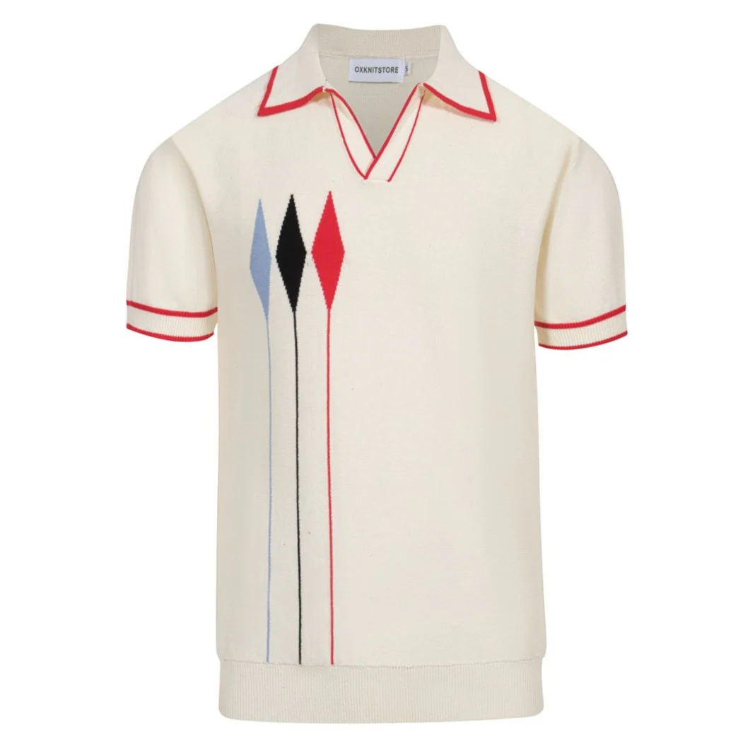 Men’s Vintage 1970s Knit Polo Shirt – Retro Cream with Red, Black & Blue Arrow Graphic