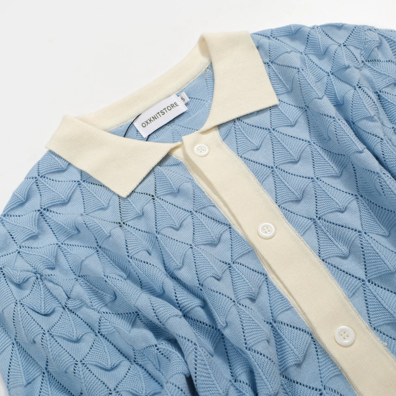 Men’s Vintage 1970s Knit Shirt – Retro Sky Blue Button-Up with Cream Trim - Image 10
