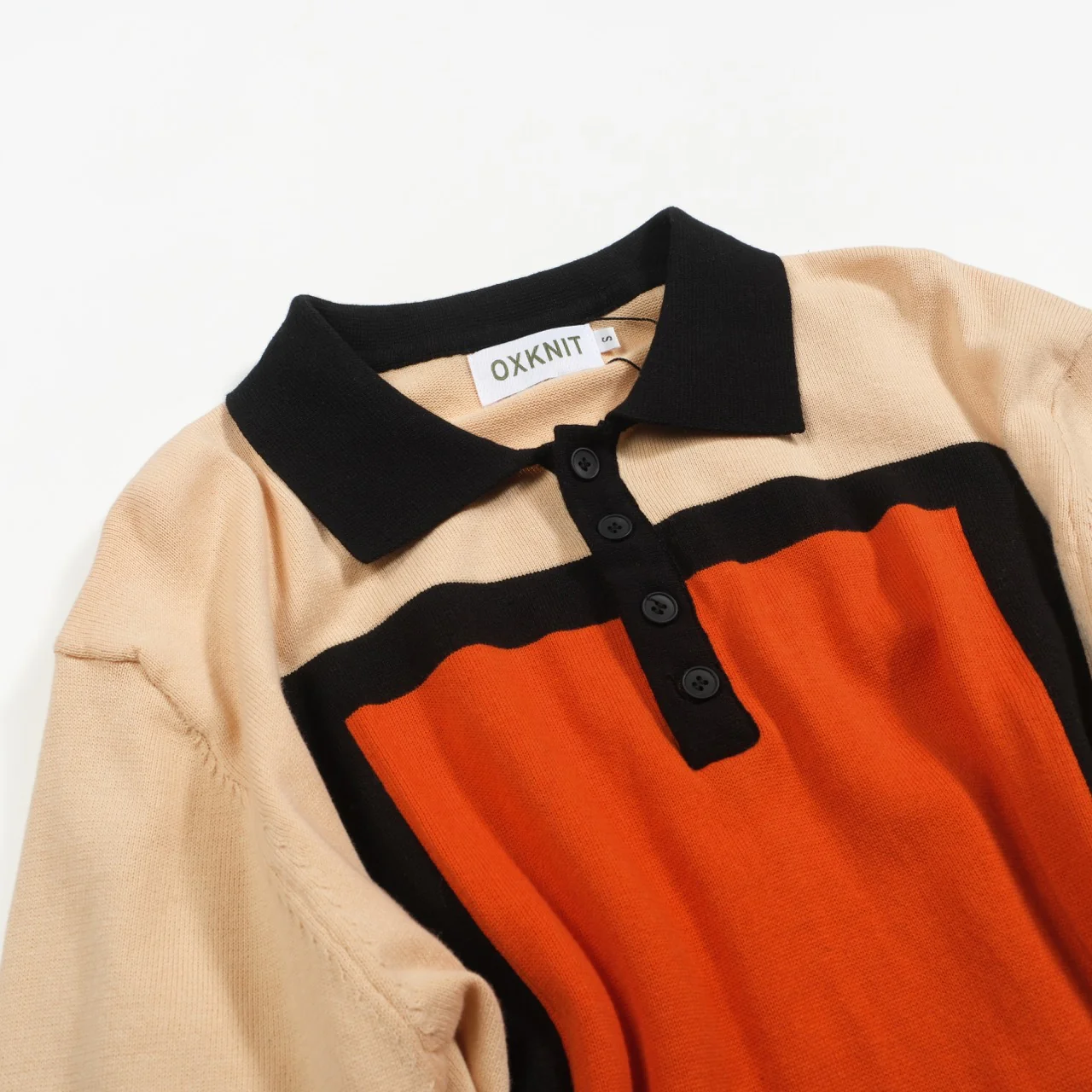 Men's apricot vintage square jacquard knit polo shirt - Image 6
