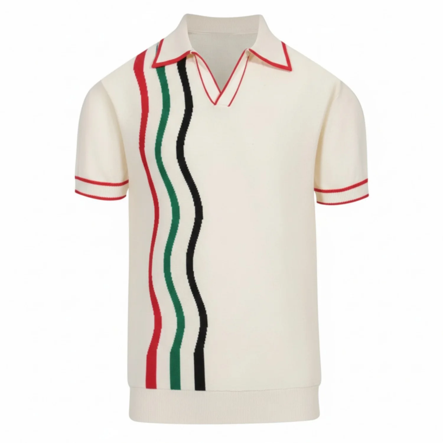 Men's apricot white retro striped knitted V-neck polo