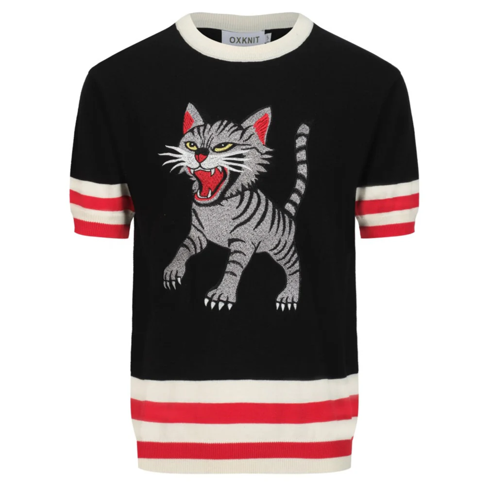 Men's black animal cat embroidered knitted T-shirt