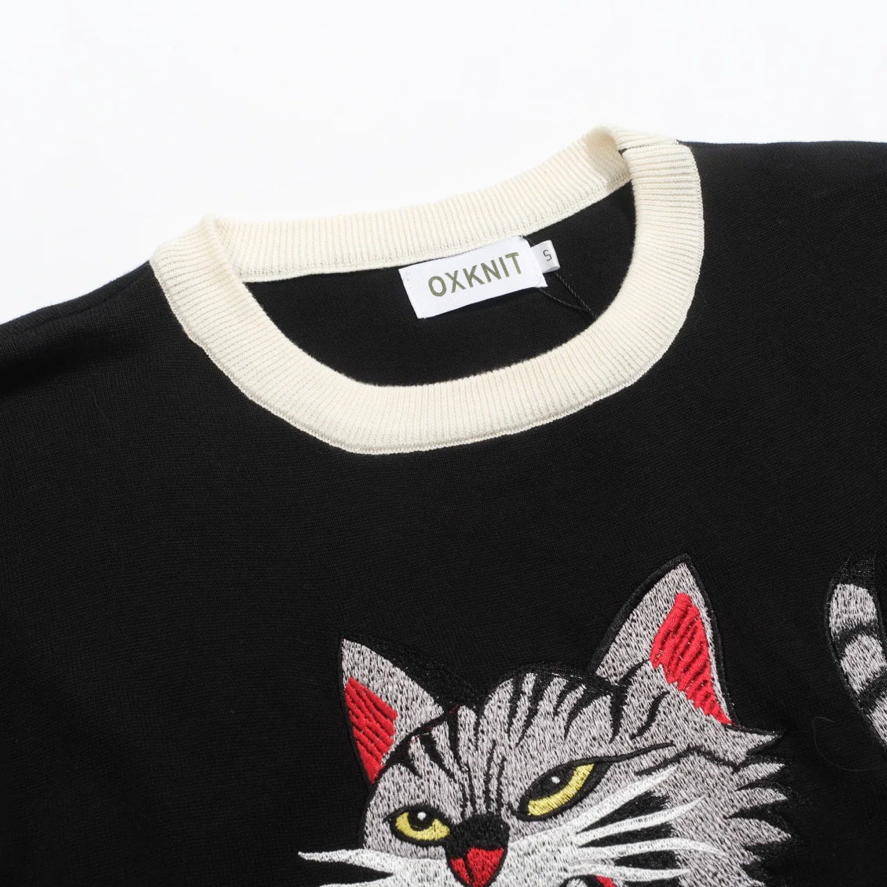 Men's black animal cat embroidered knitted T-shirt - Image 4