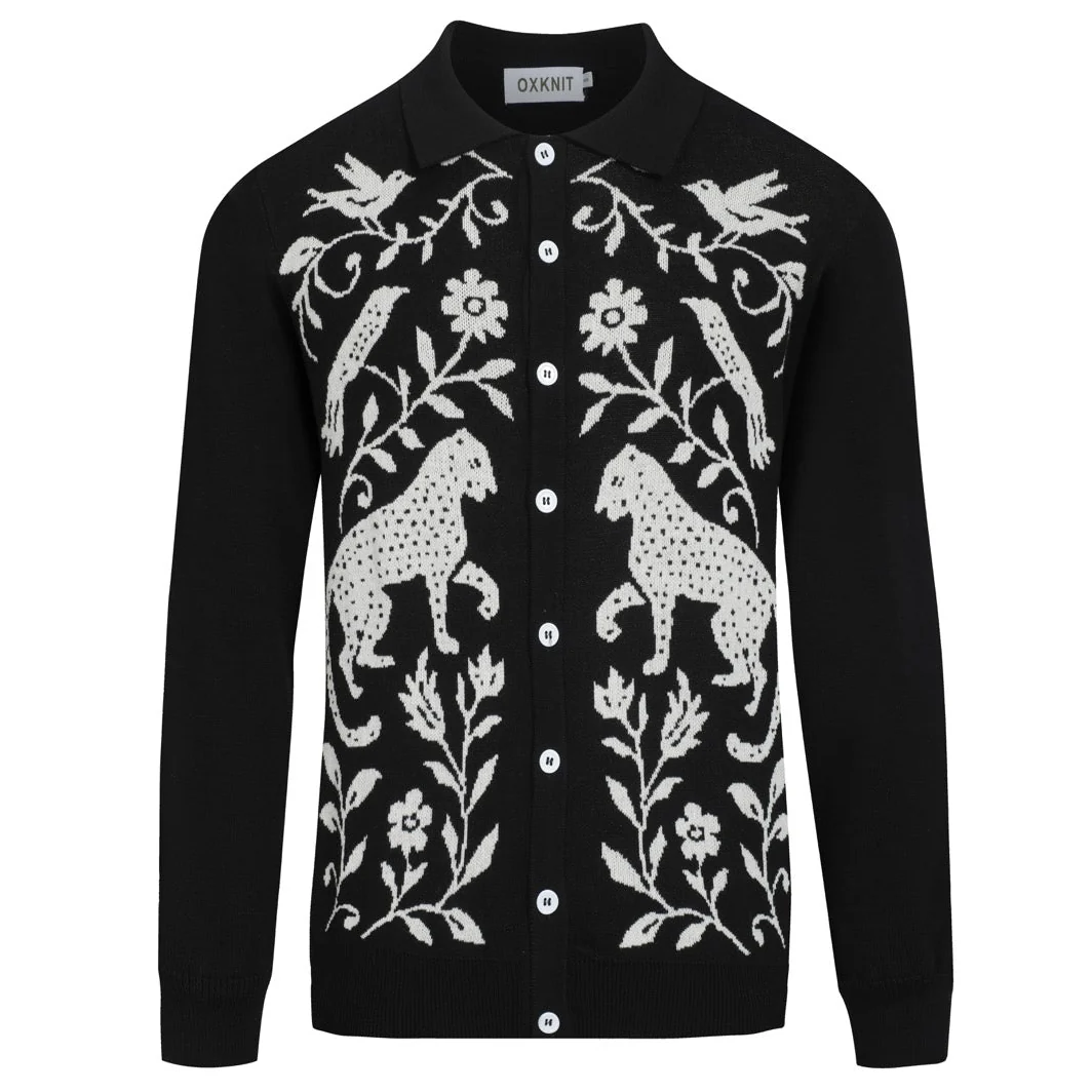 Men's black animal jacquard vintage knit look cardigan