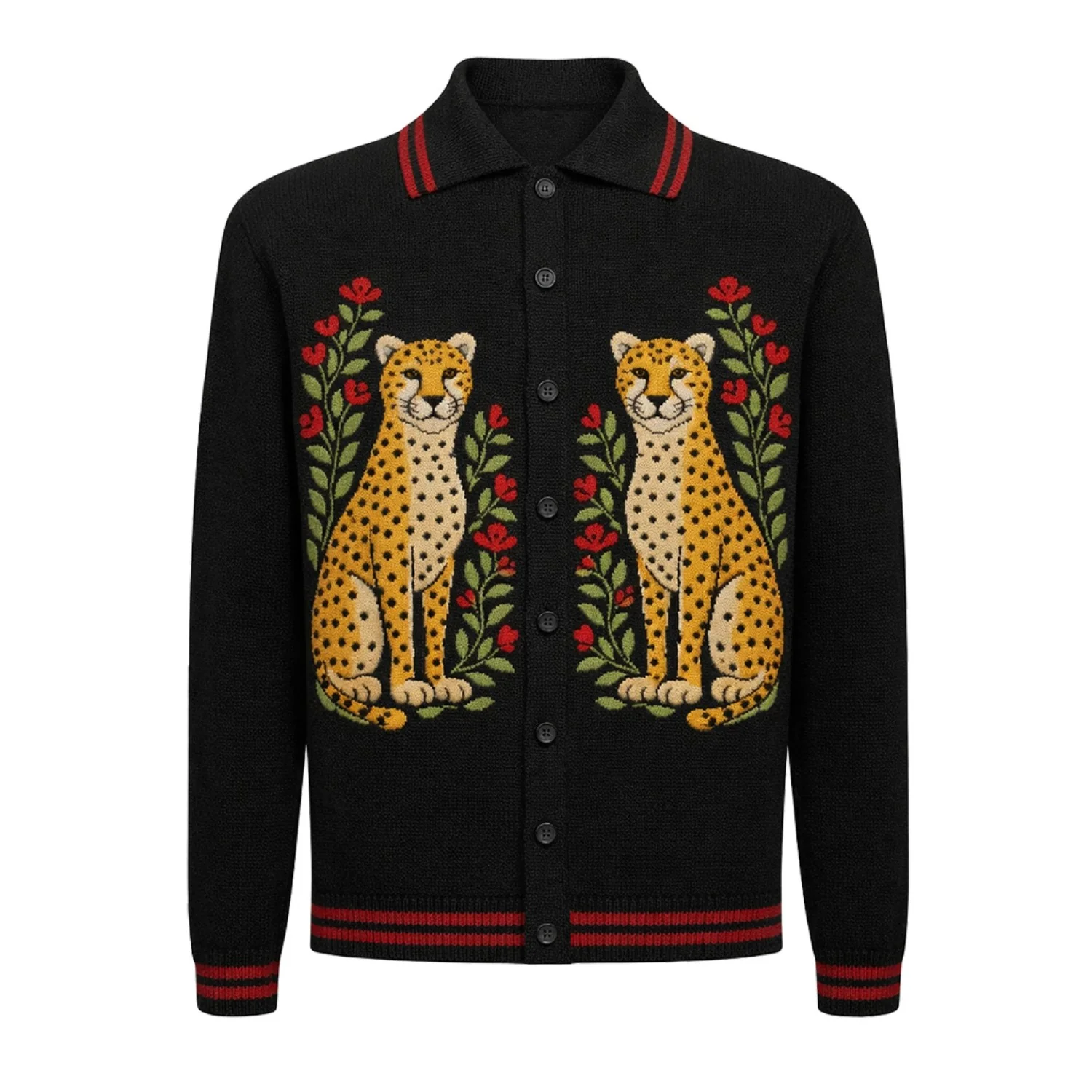 Men's Black Art Tiger Rose Flower Classic Retro Jacquard Cardigan