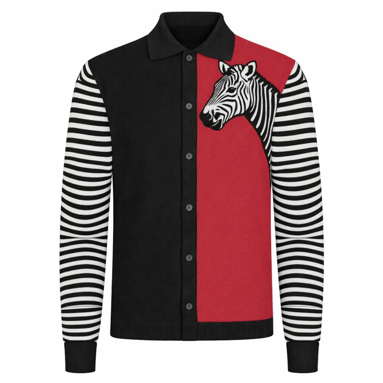 Men's Black Artistic Zebra Classic Vintage Jacquard Cardigan