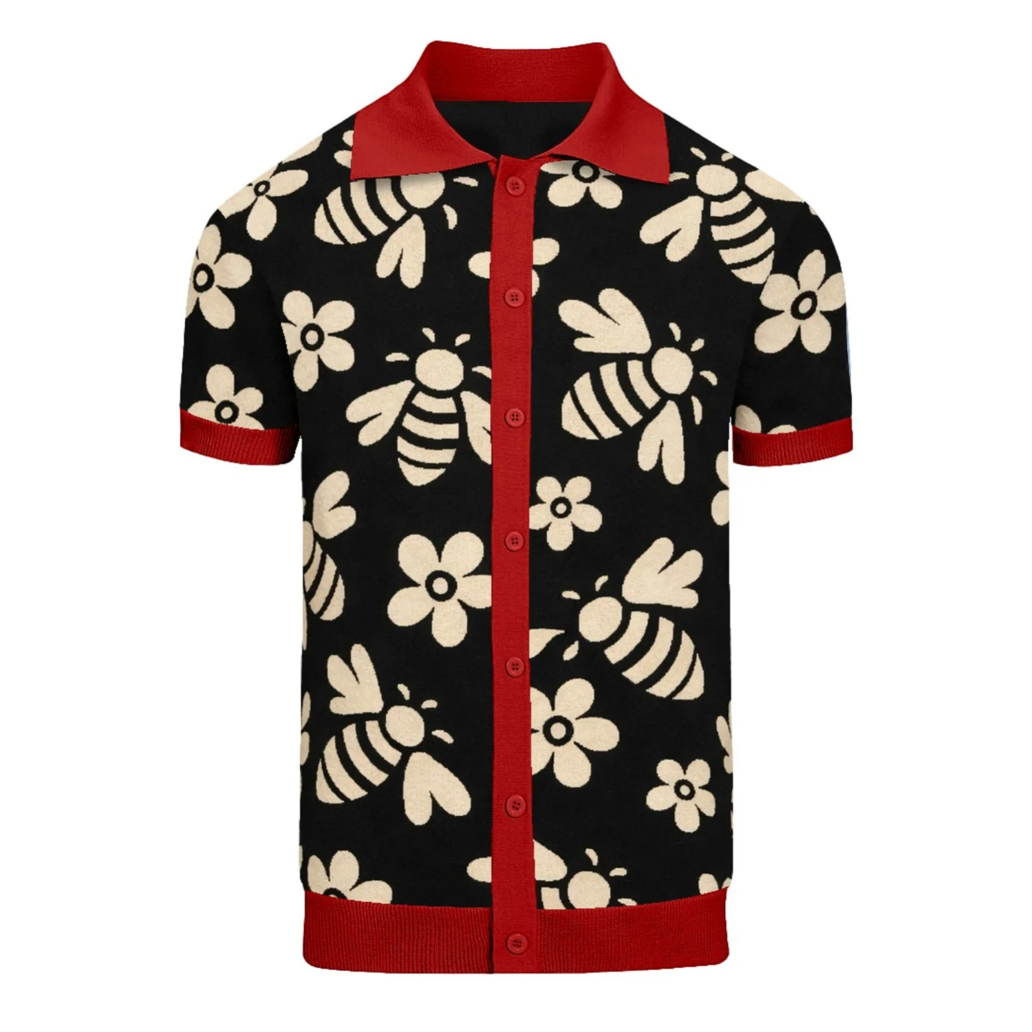 Men's black bee retro jacquard short-sleeved cardigan