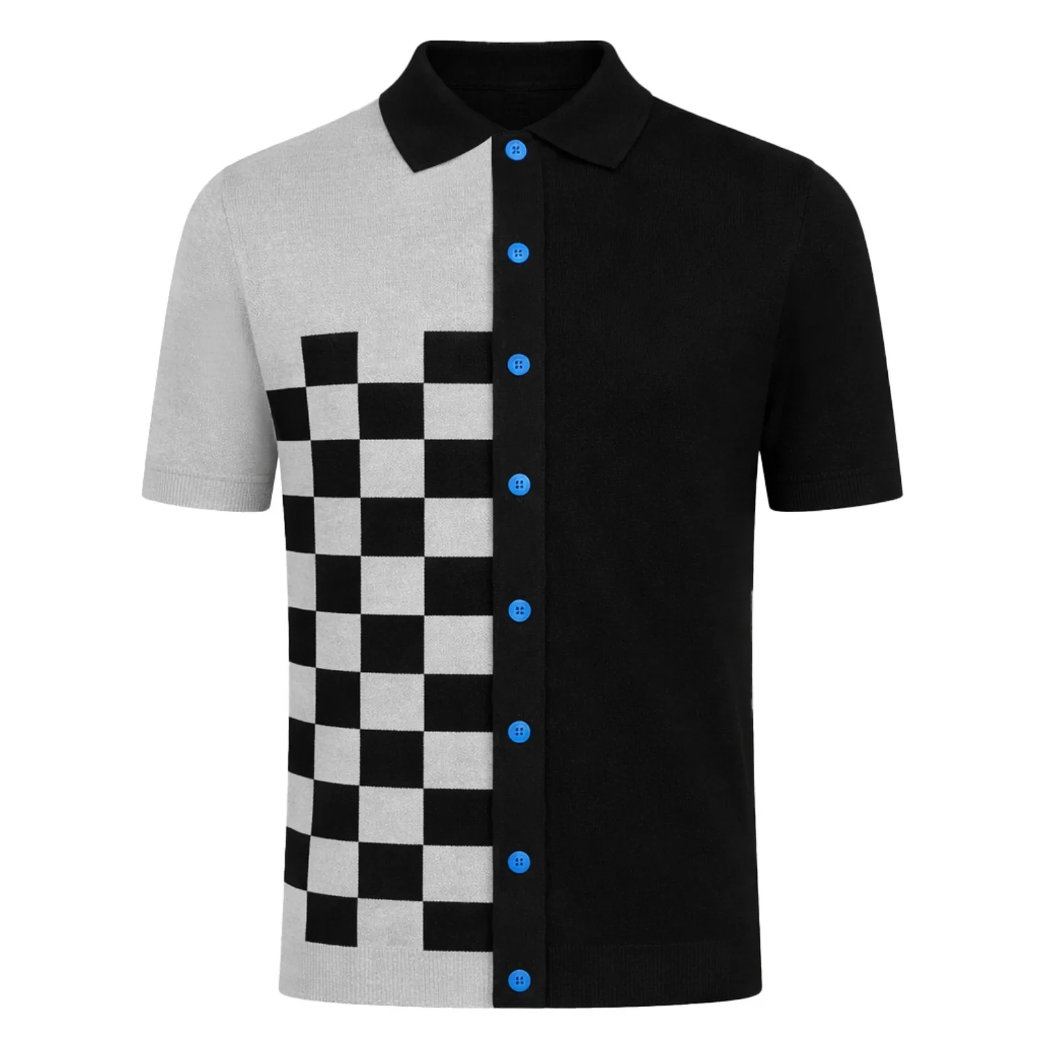 Men's Black Checkered Vintage Art Jacquard Knit Shirt