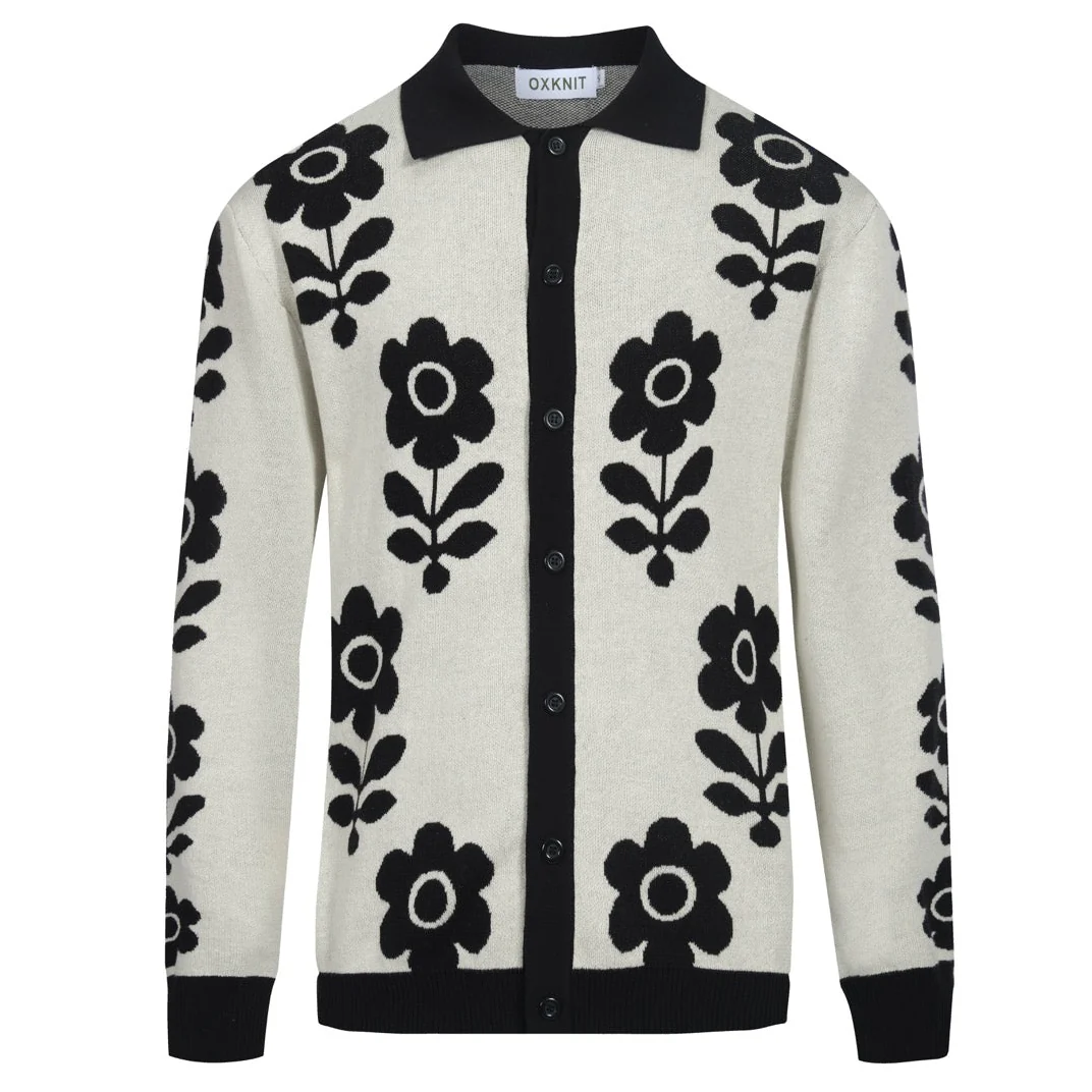 Men's black floral jacquard vintage knitted cardigan