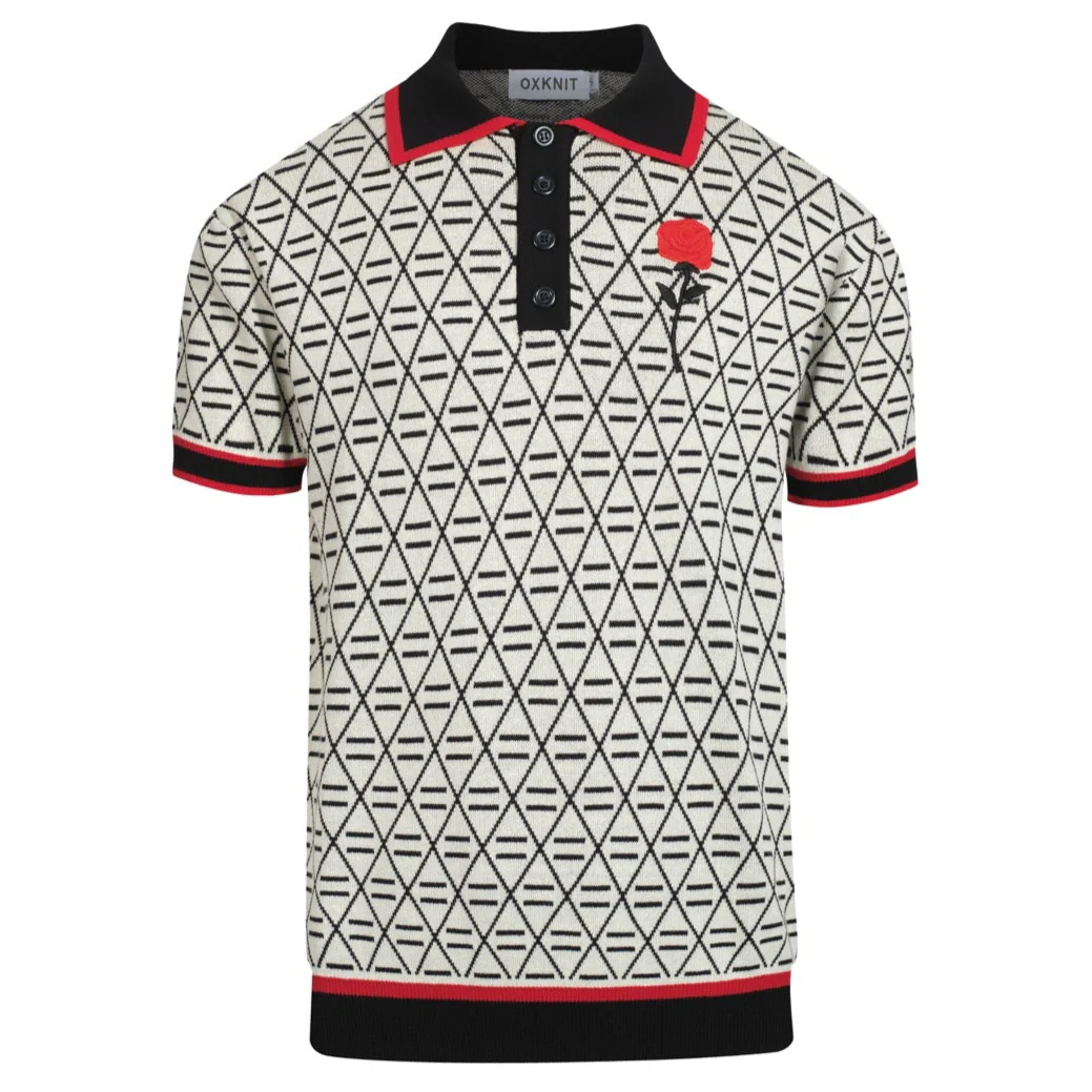 Men's black jacquard embroidered knit polo shirt