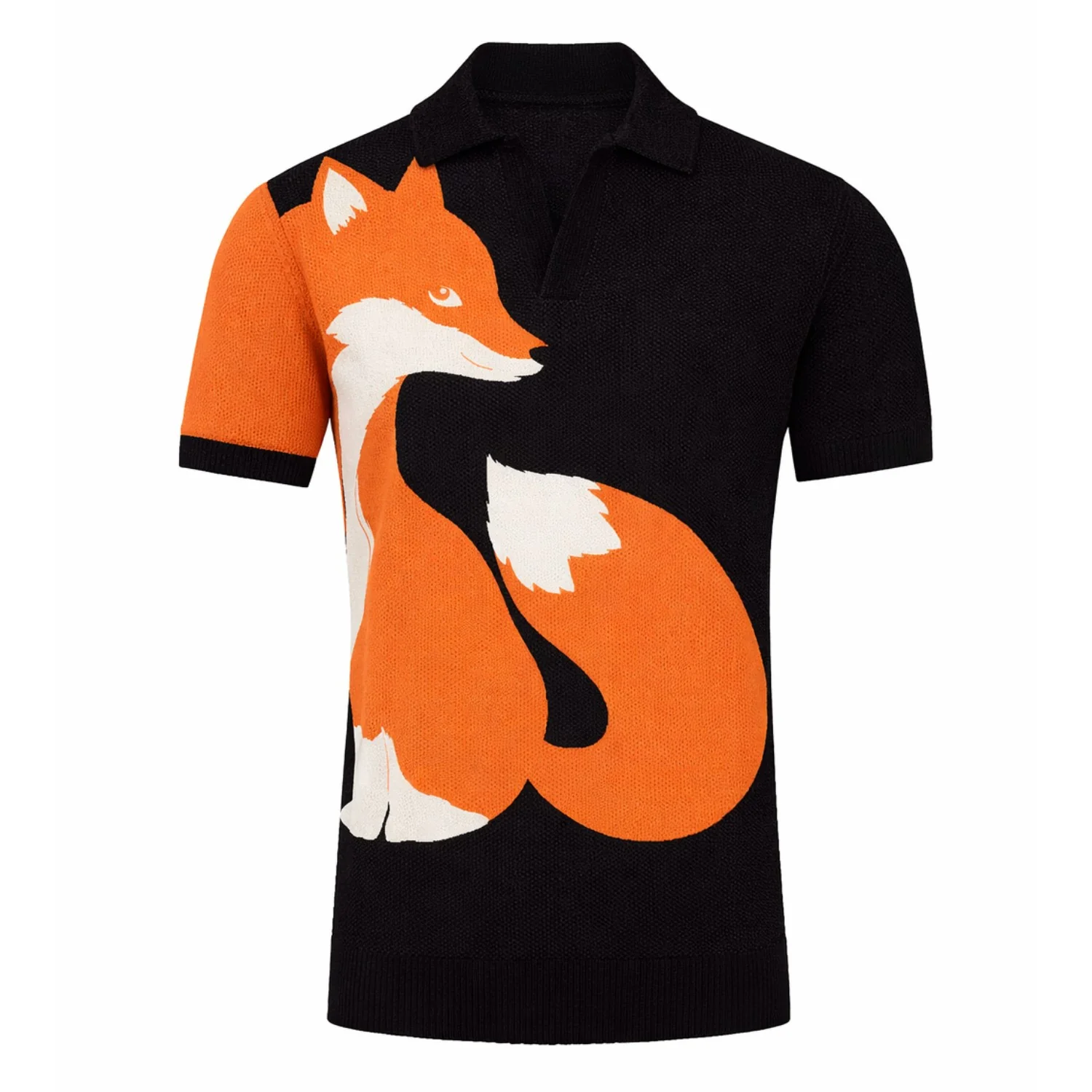 Men's black retro fox jacquard knitted V-neck polo