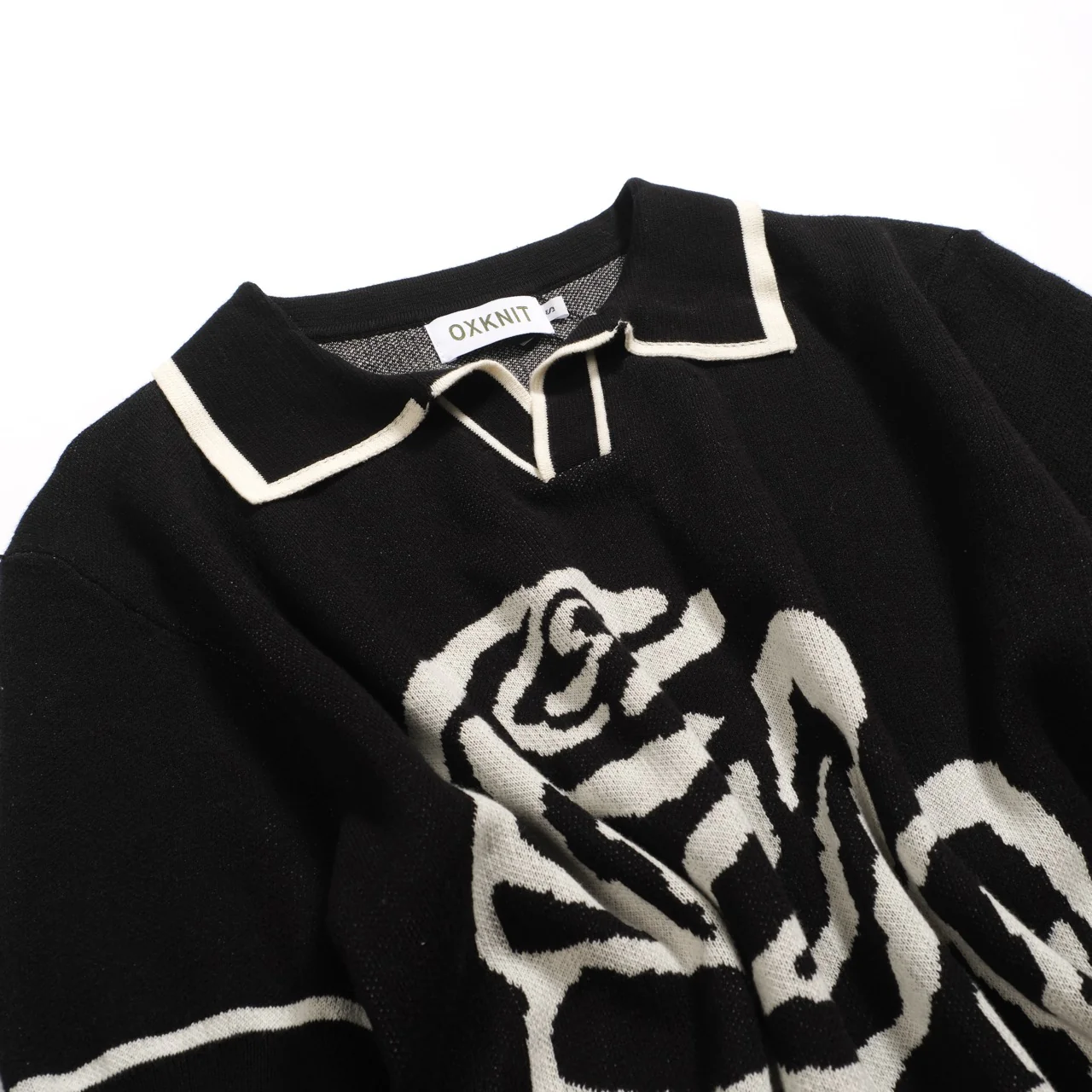 Men's black rose jacquard vintage V-neck knitted polo shirt - Image 8
