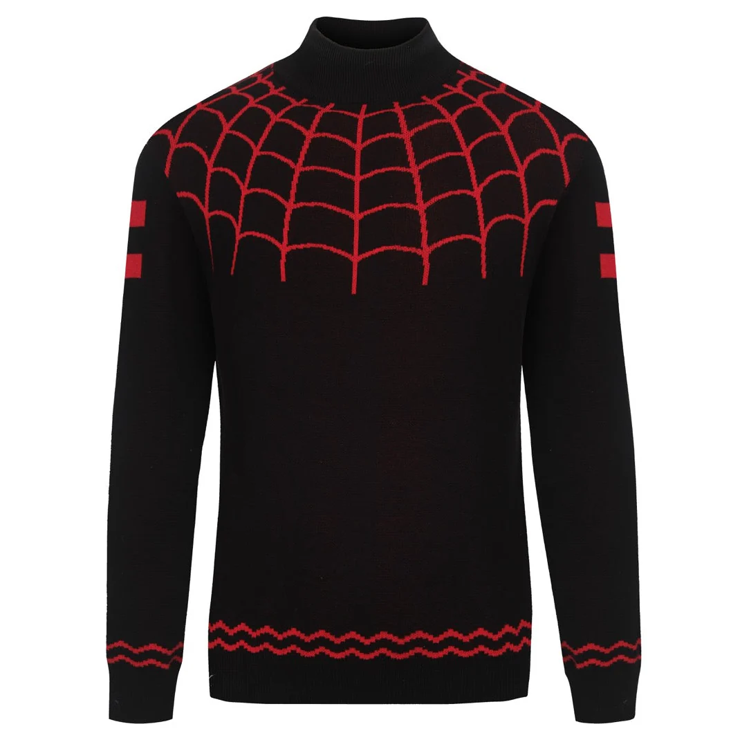 Men's black spider-web vintage striped high-neck knitwear