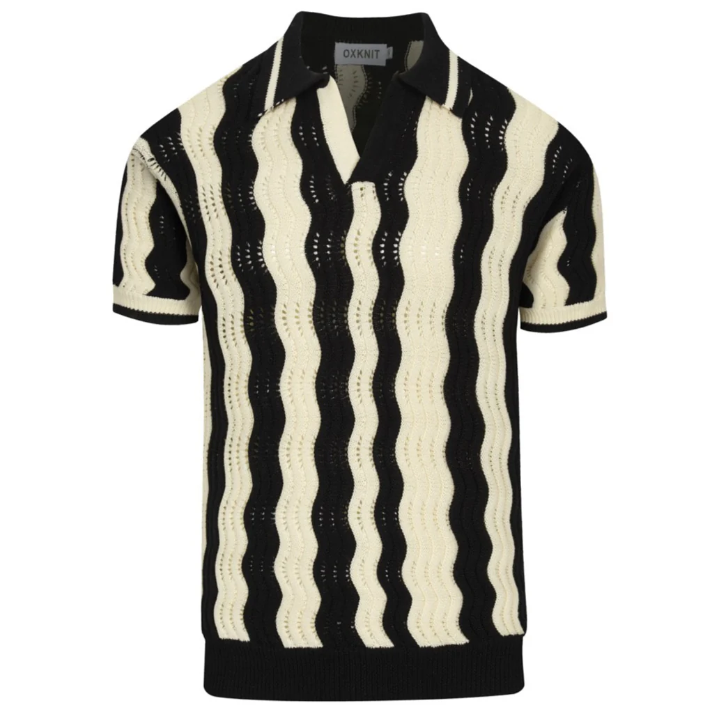 Men's black vintage textured jacquard knit polo shirt