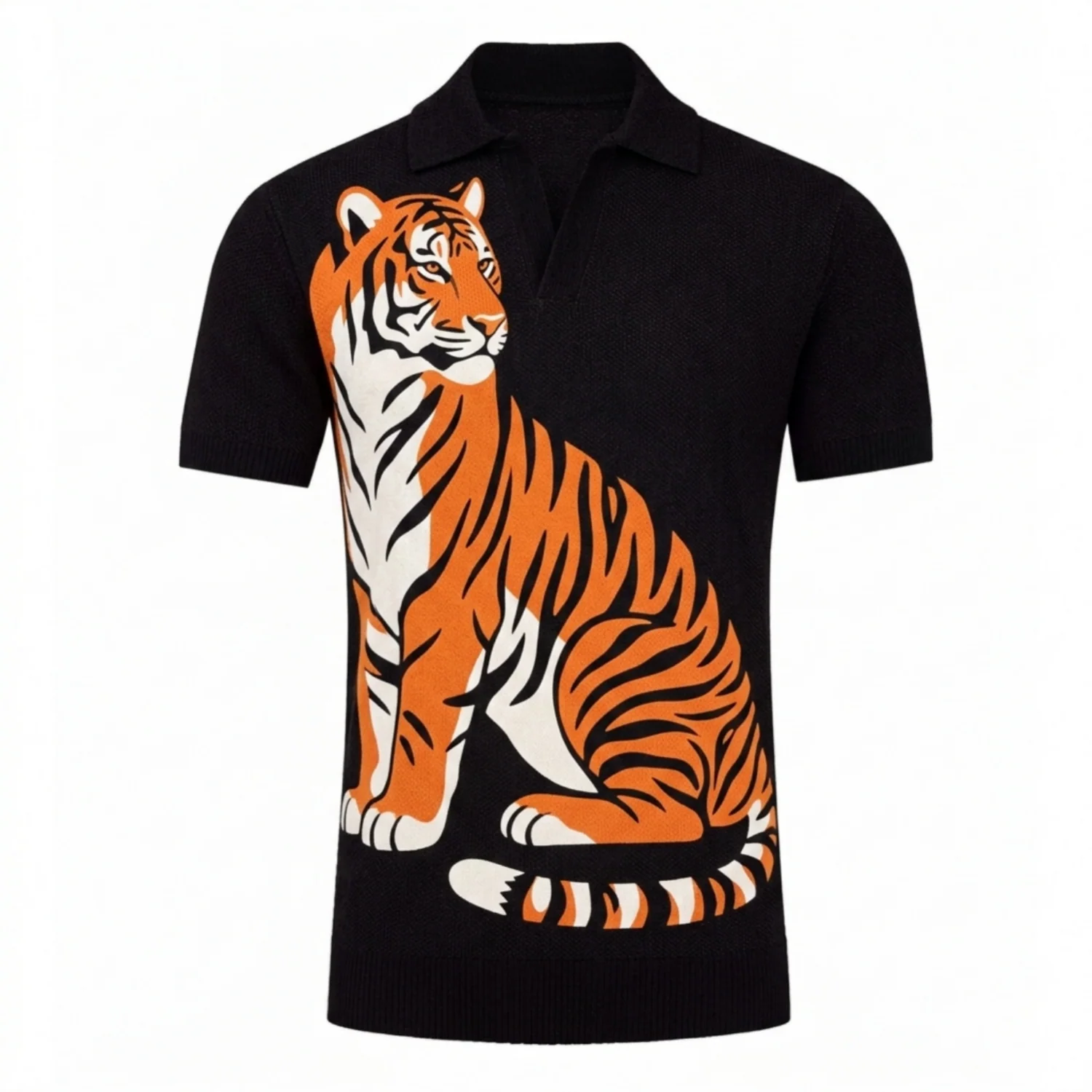 Men's black vintage Tiger Jacquard short-sleeved V-neck polo