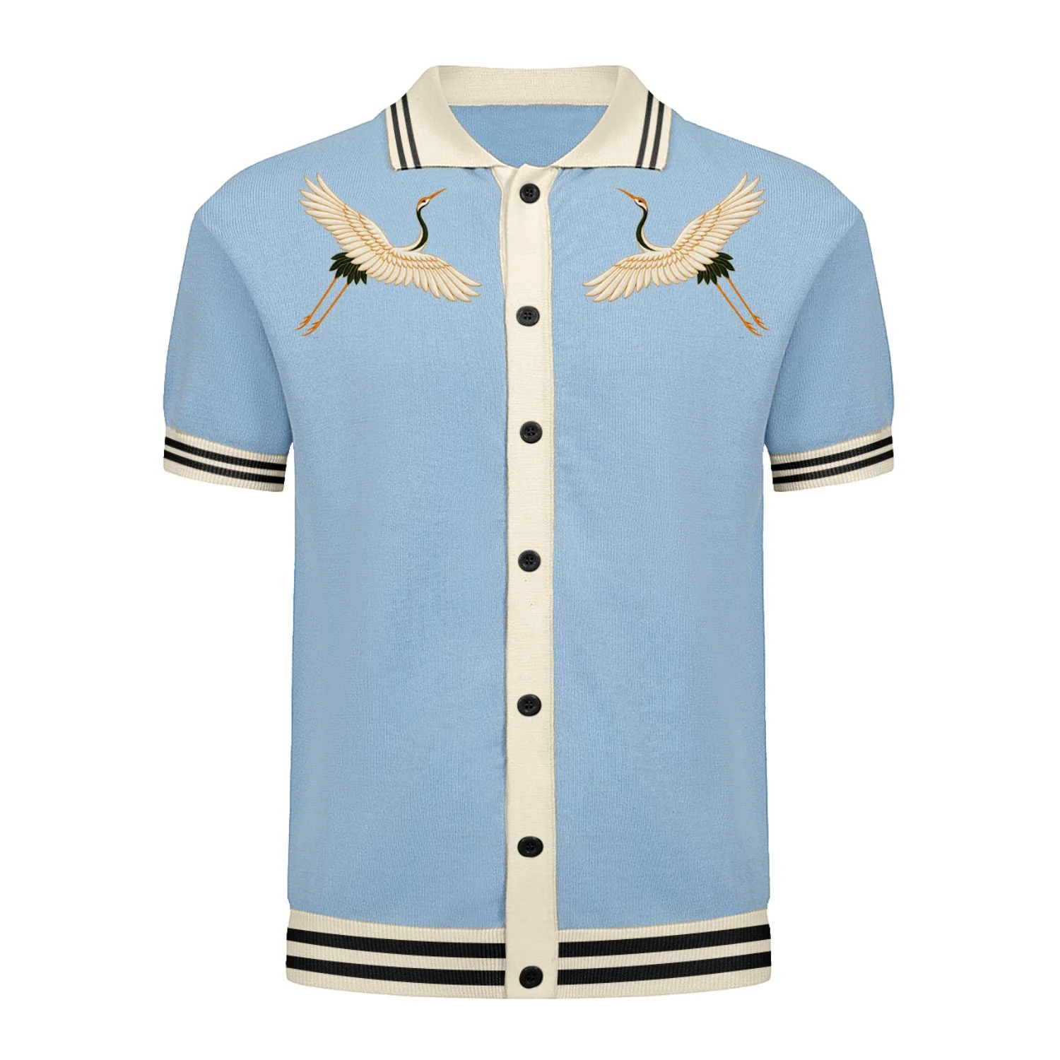 Men's Blue Bird Embroidered Vintage Art Knit Shirt