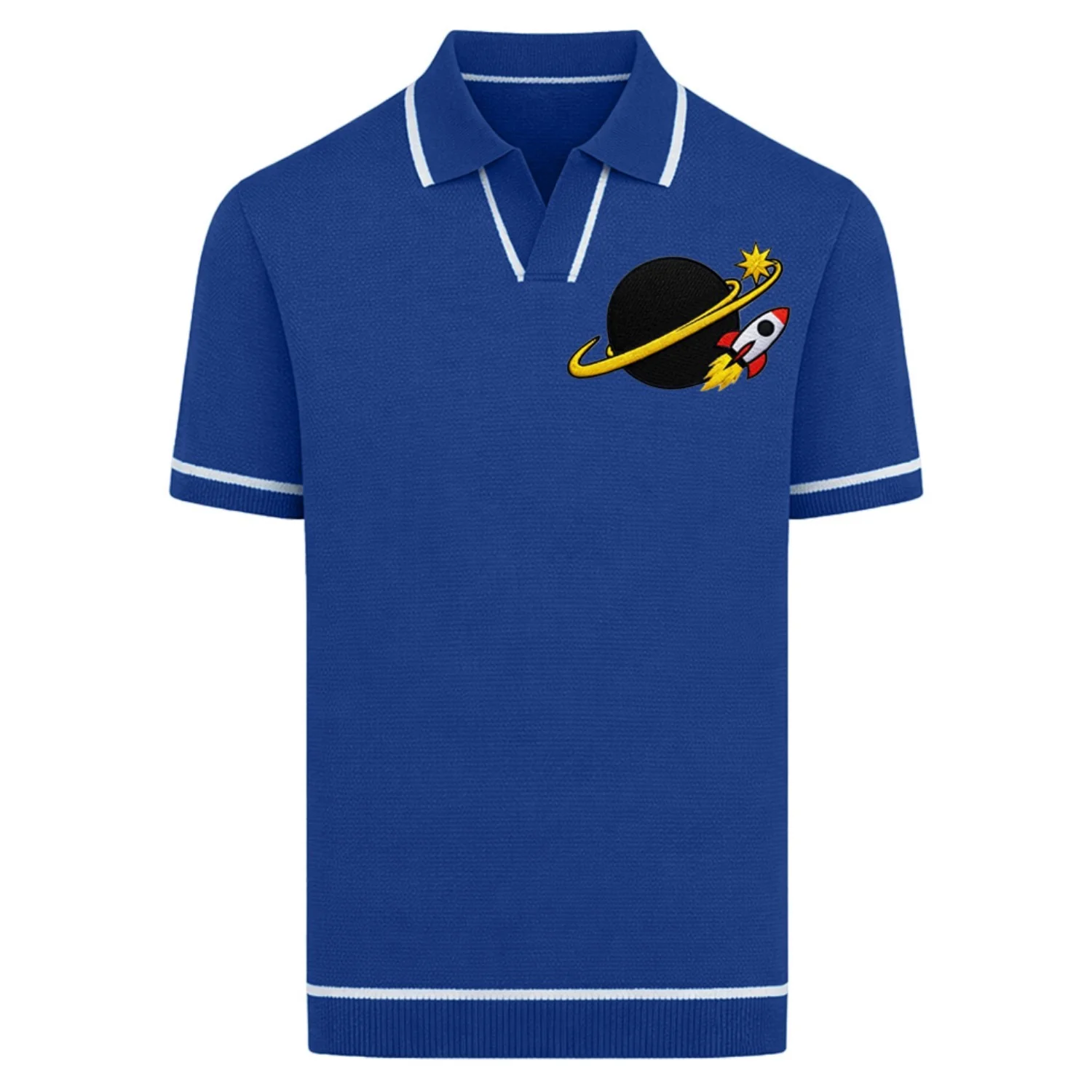 Men's Blue Vintage Planet Rocket Embroidered Polo Knit Shirt