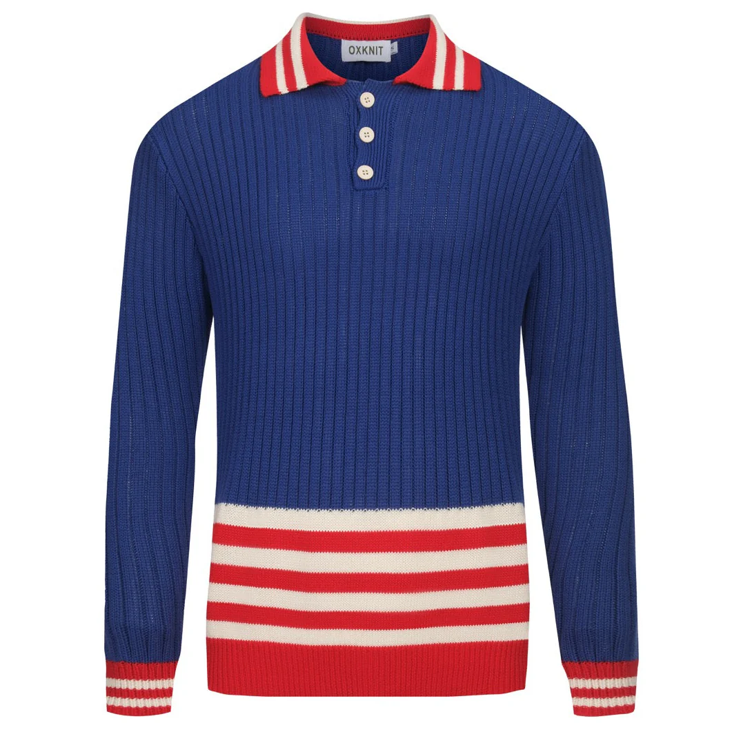 Men's blue vintage striped preppy knit polo
