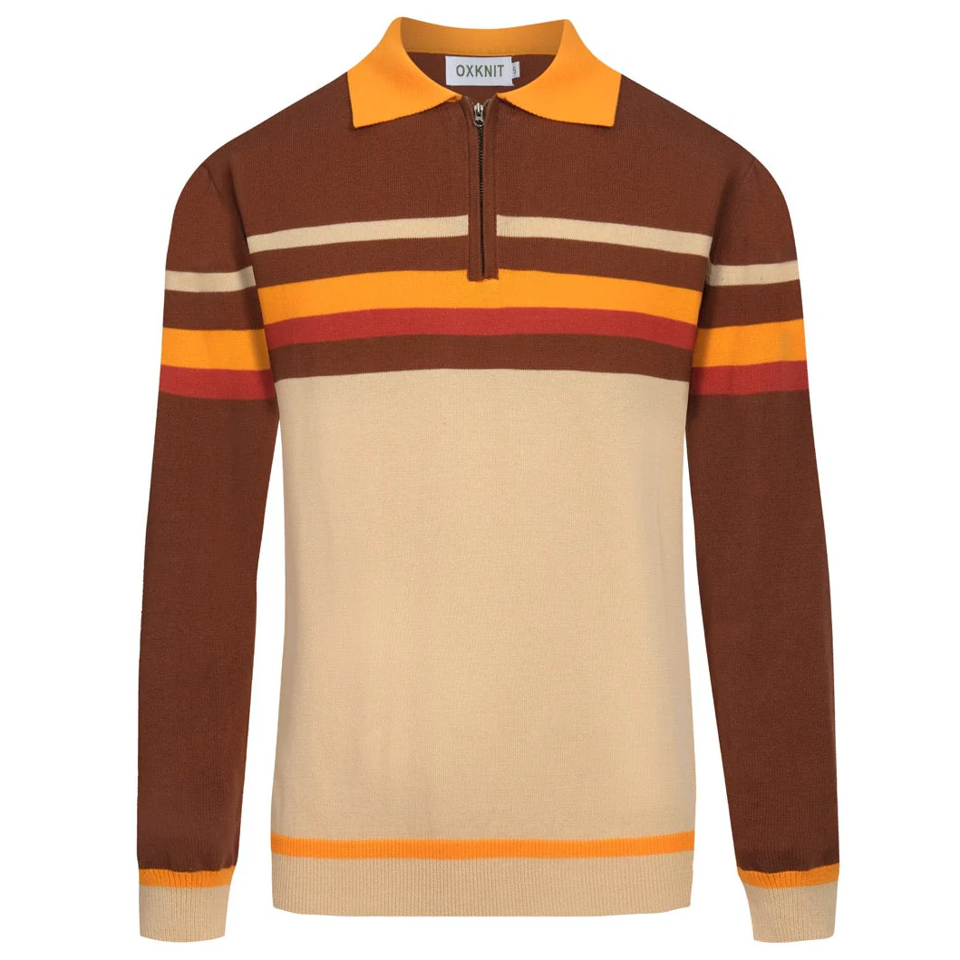 Mens brown 1960s striped polo knitwear