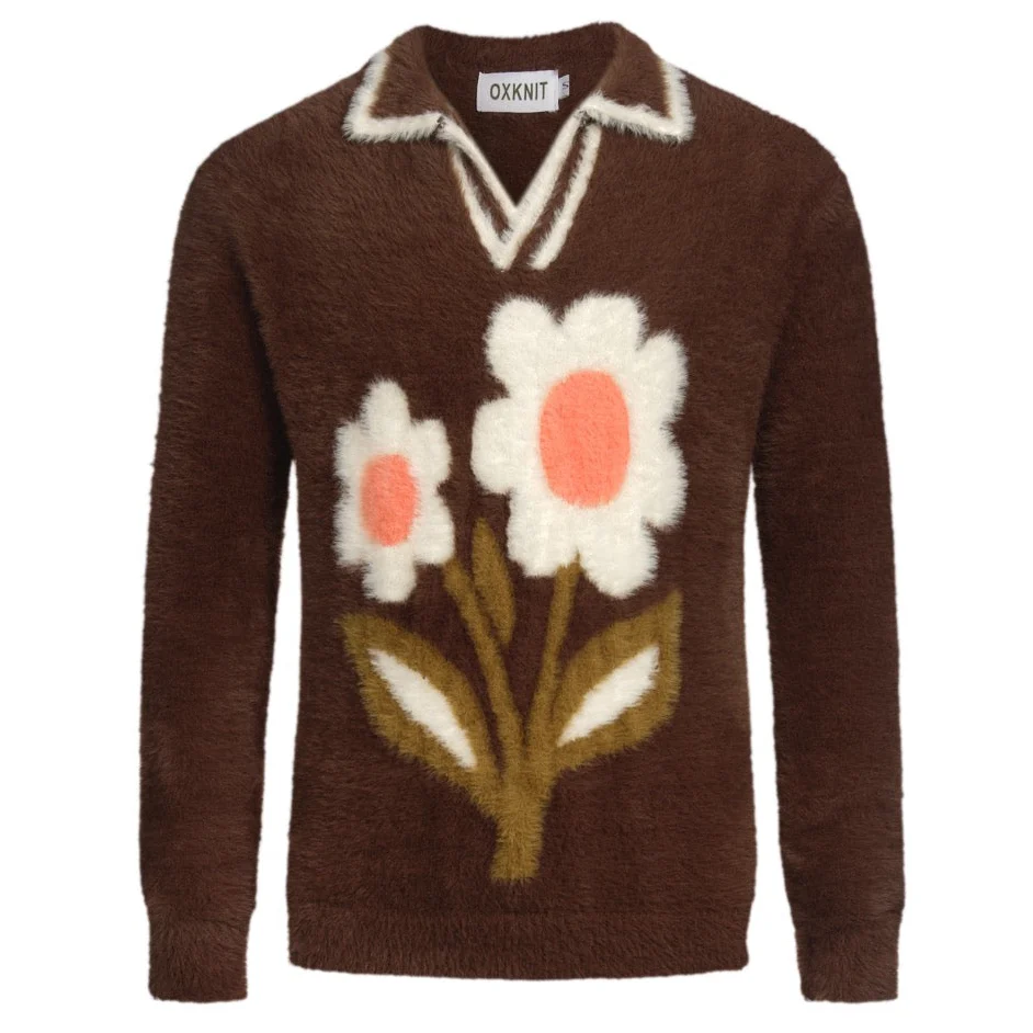 Men's brown floral knitted plush V-neck polo shirt