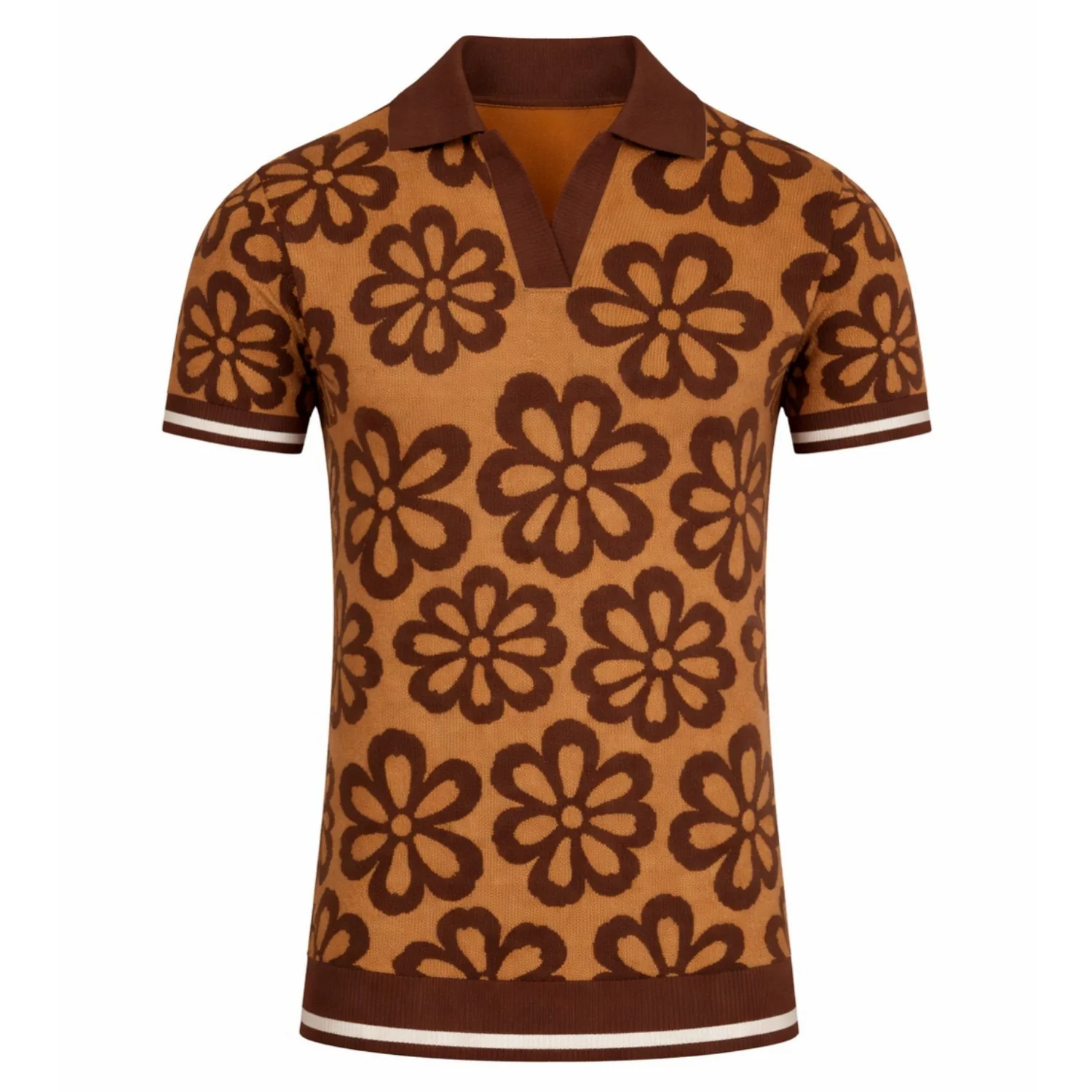 Men's brown floral retro V-neck short-sleeved polo