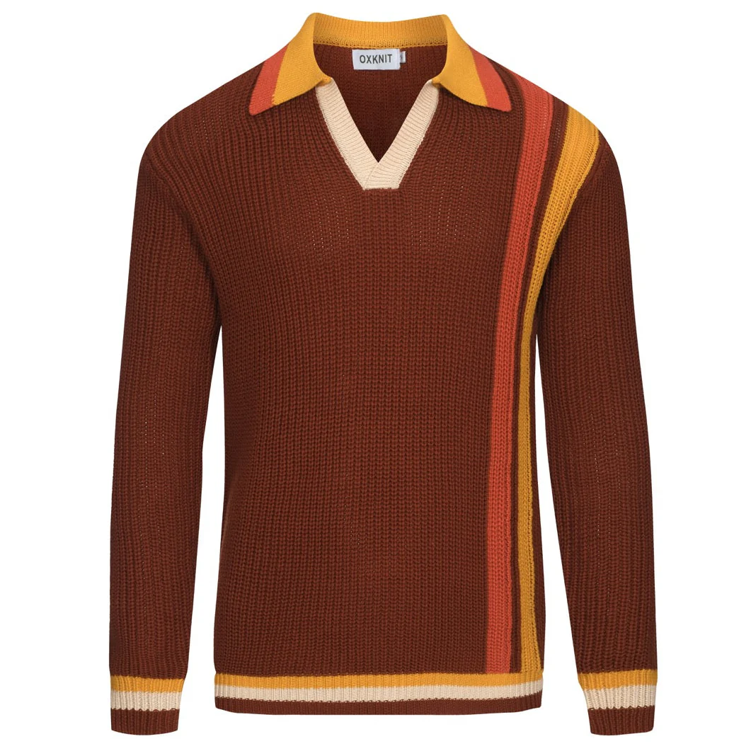 Men's brown retro college-style striped polo knitwear