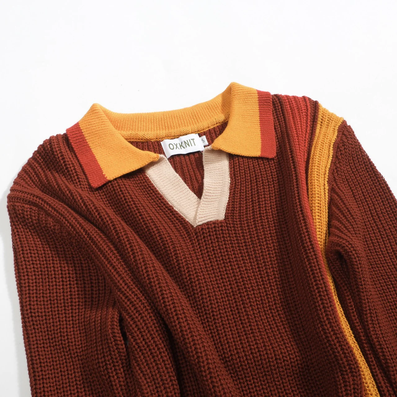Men's brown retro college-style striped polo knitwear - Image 9