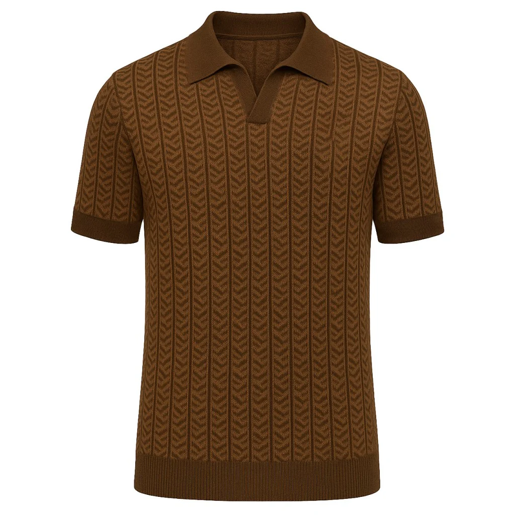Men's brown retro era knitted V-neck polo shirt