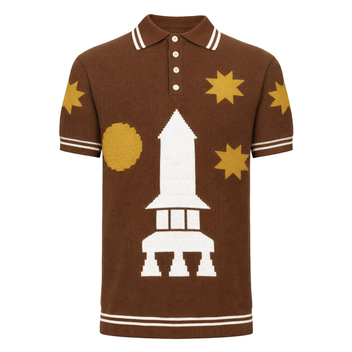 Men's brown retro pattern short-sleeved knitted polo shirt