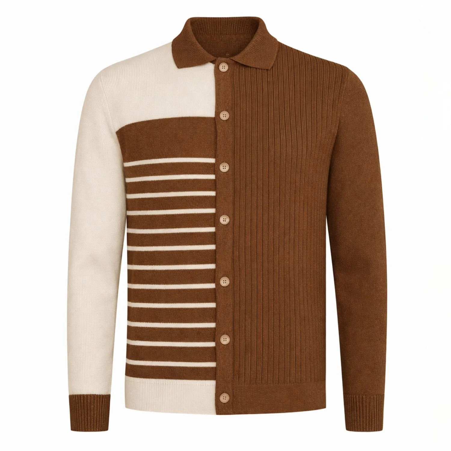 Men's brown striped patchwork vintage jacquard cardigan