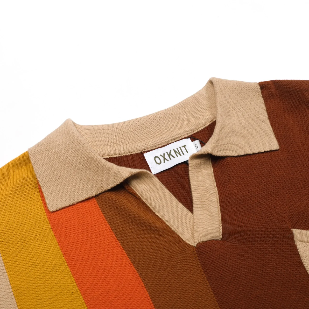 Men's brown striped pocket V-neck knitted polo shirt - Image 4