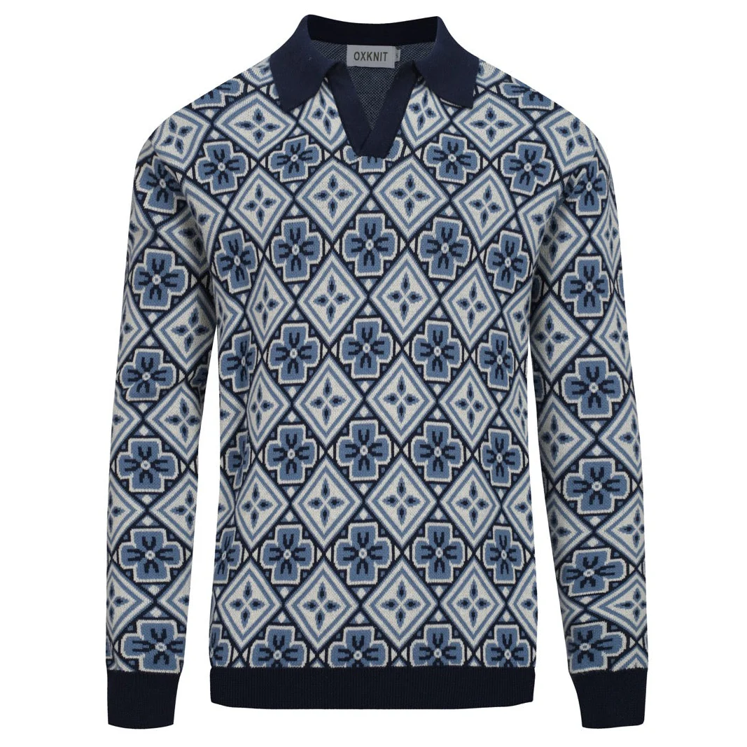 Men's dark blue 1960s V-neck knitted polo