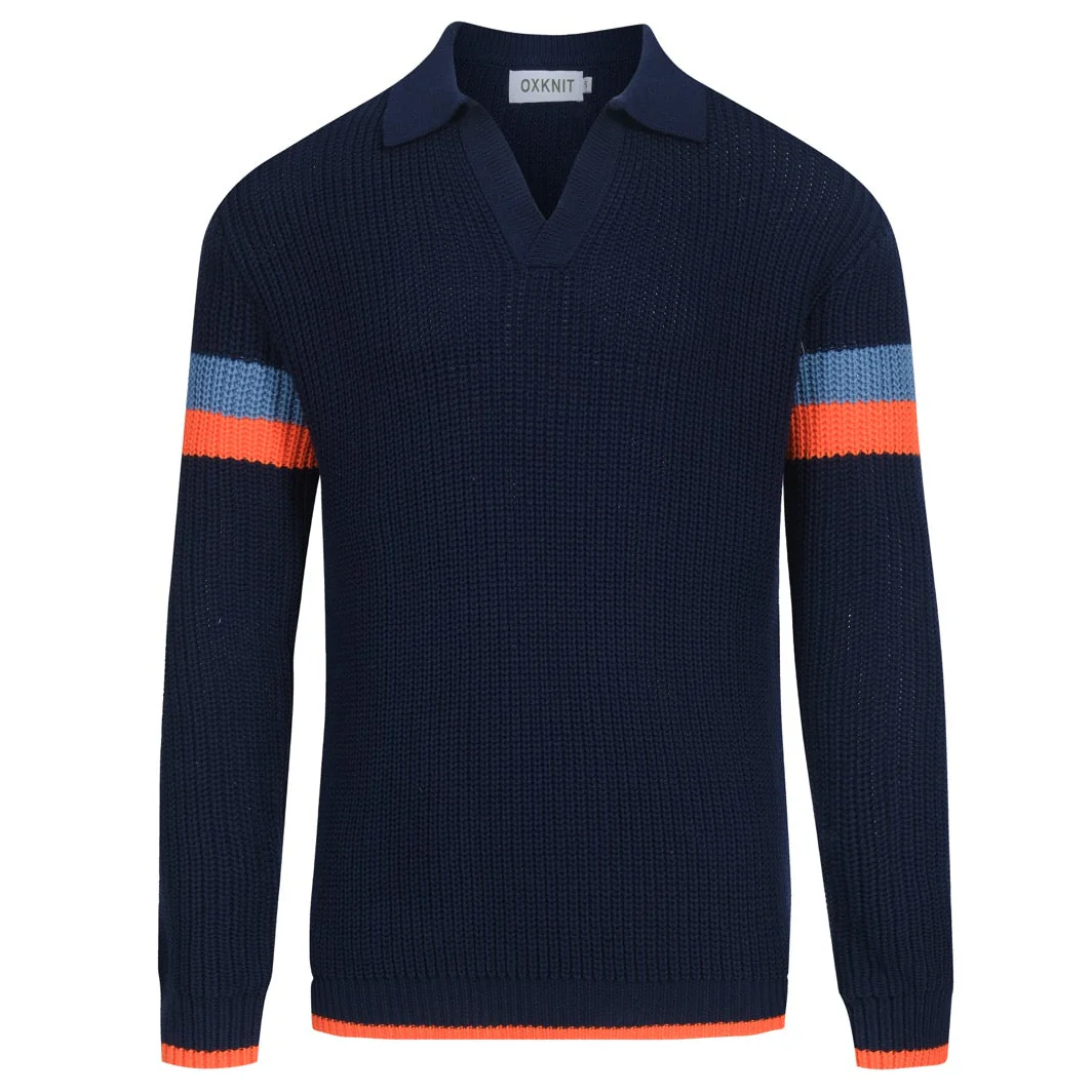 Men's dark blue casual retro V-neck knitwear