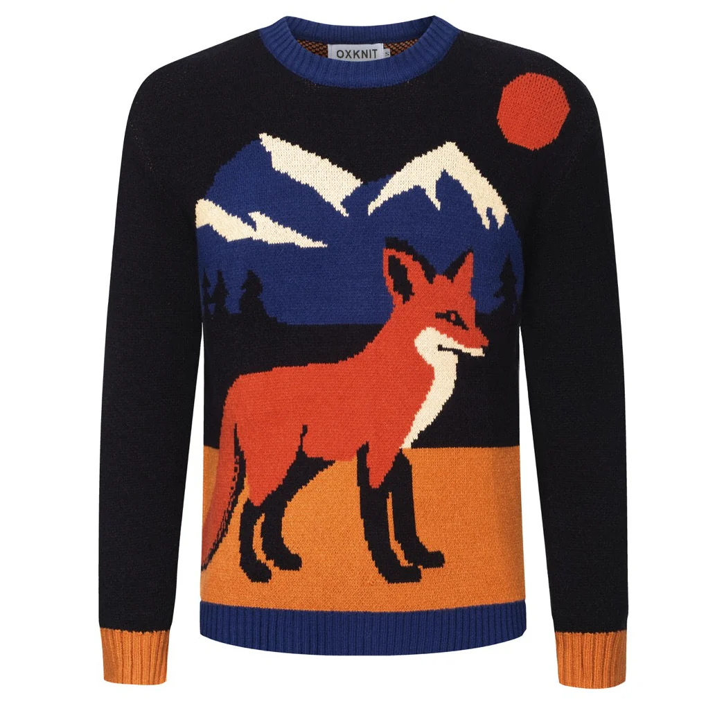 Men's dark blue fox jacquard vintage knitwear