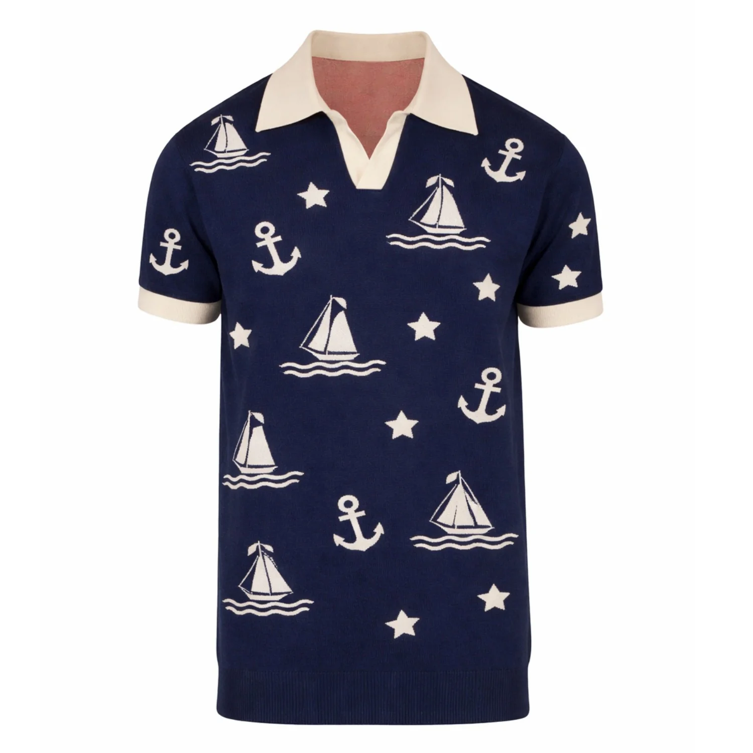 Men's dark blue nautical theme pattern V-neck knitted polo