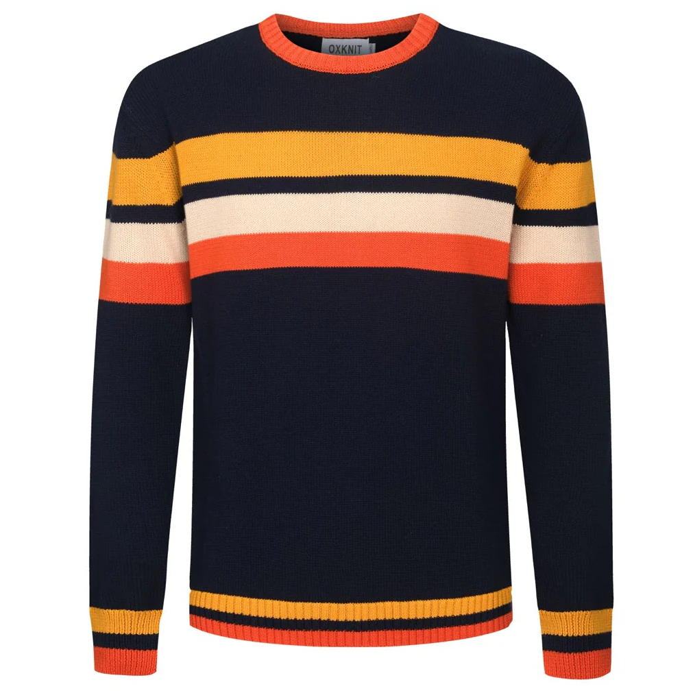 Men's dark blue retro art-striped fashionable jacquard round-neck knitwear