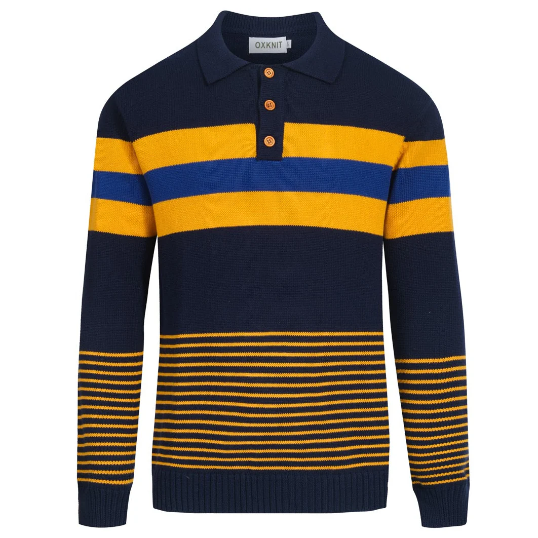 Men's dark blue striped retro knitted polo shirt