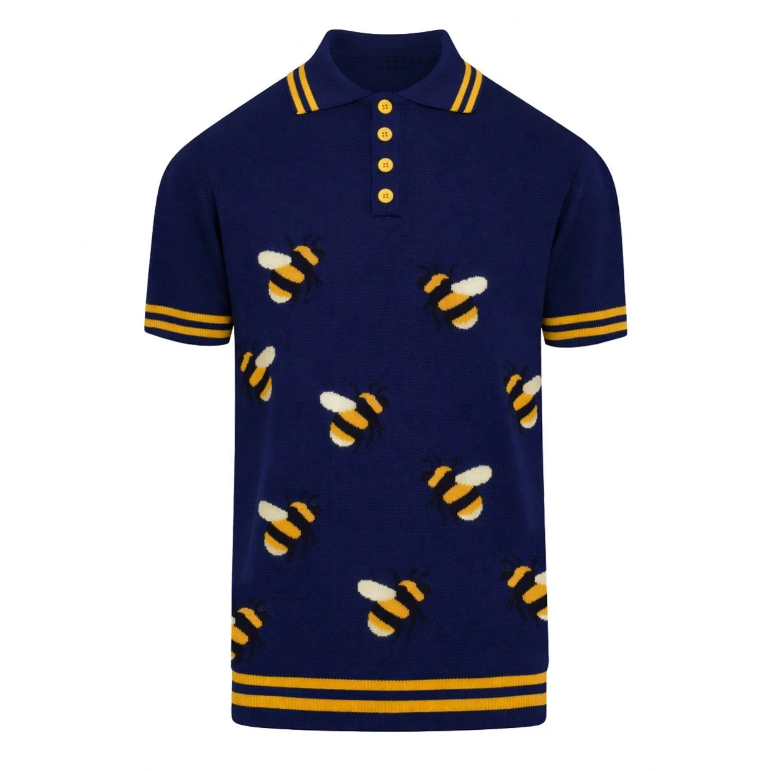 Men's dark blue vintage bee short-sleeved knitted polo shirt