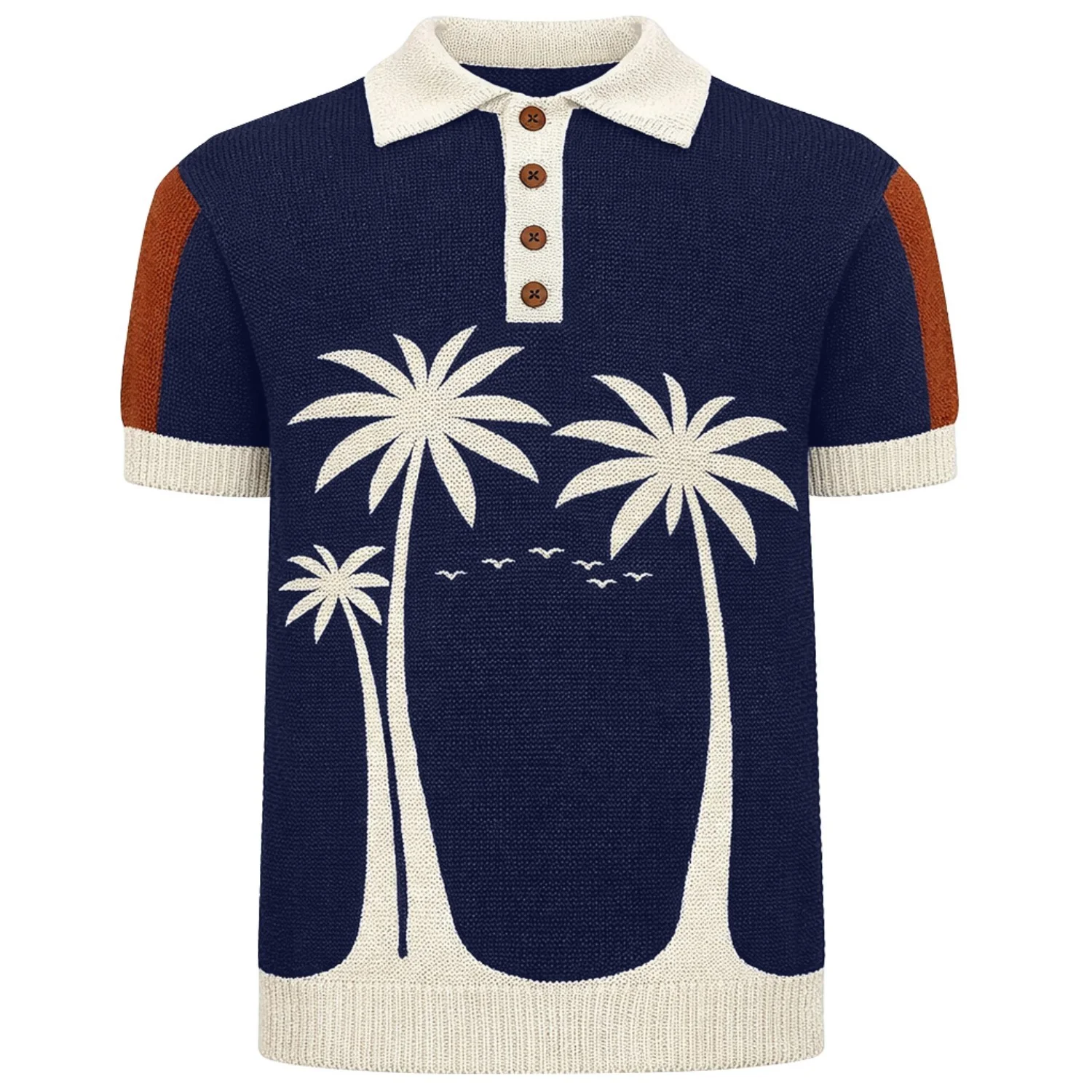 Men's Dark Blue Vintage Coconut Tree Jacquard Polo Knit Shirt